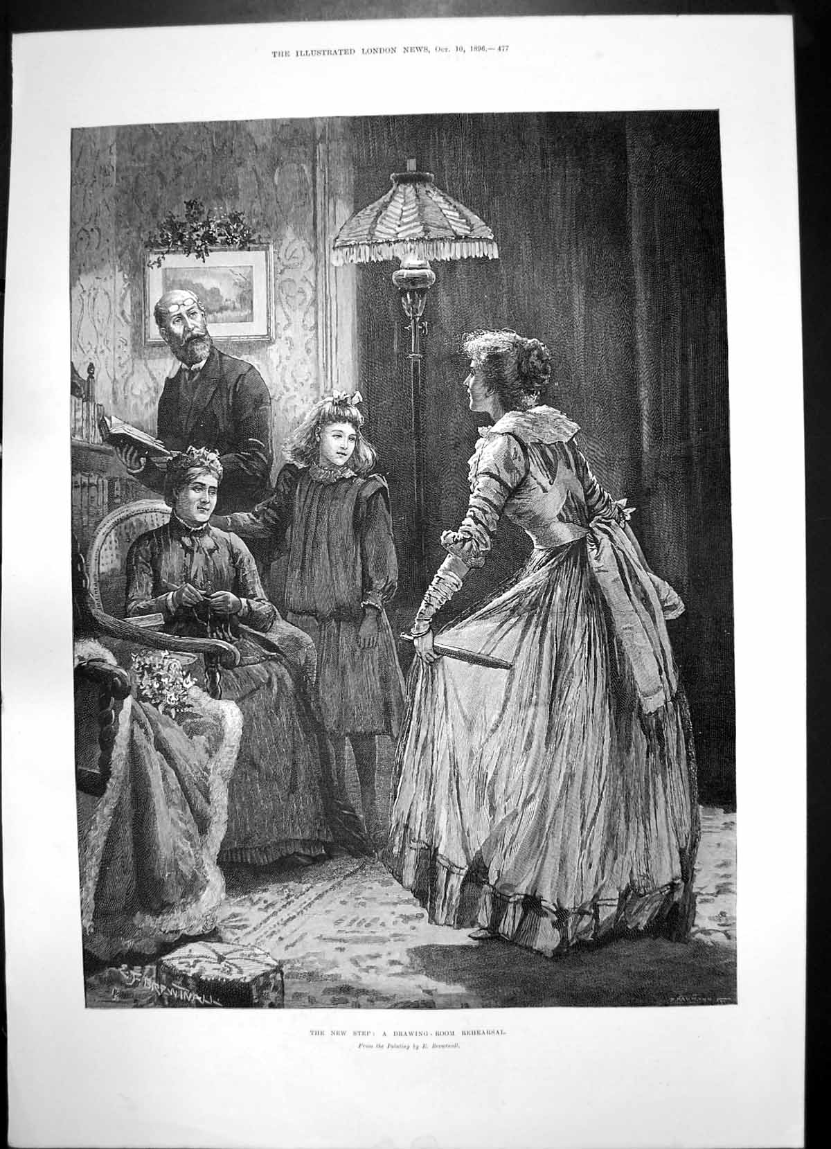 Original Old Antique Print New Step Drawing Room Rehearsal Walking Costume 1896