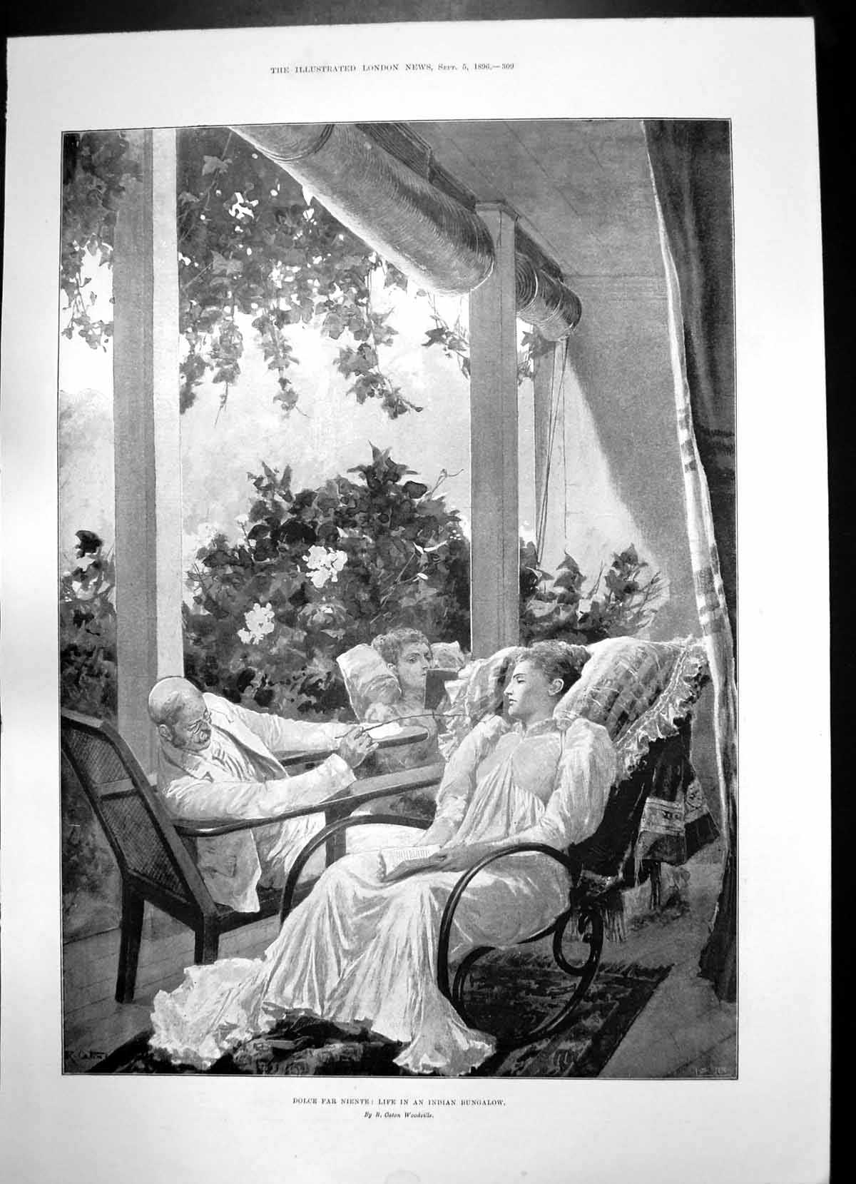 Old Antique Print Life Indian Bungalow New Evening Gown Autumn Frock 1896 19th