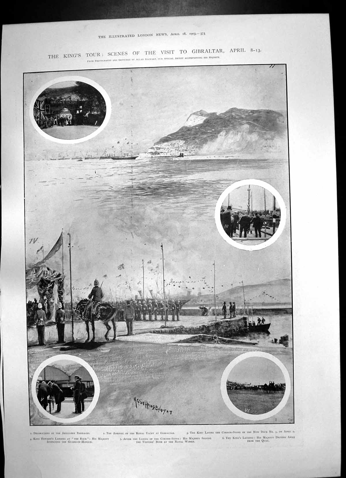 Antique Old Print Kings Visit Gibraltar New Dock Dutch Strike Agitation 1903