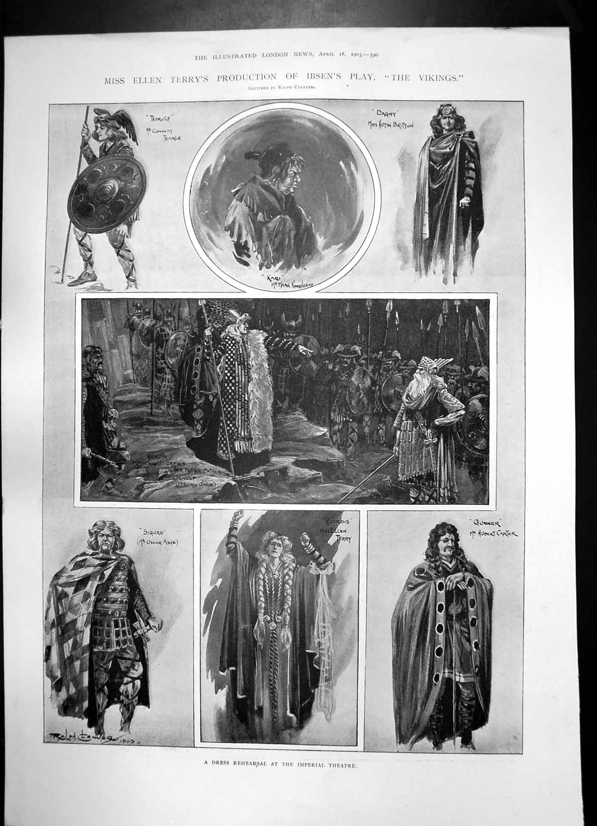 Antique Old Print King Edward Dom Carlos Sao Carlos Theatre Play Vikings 1903
