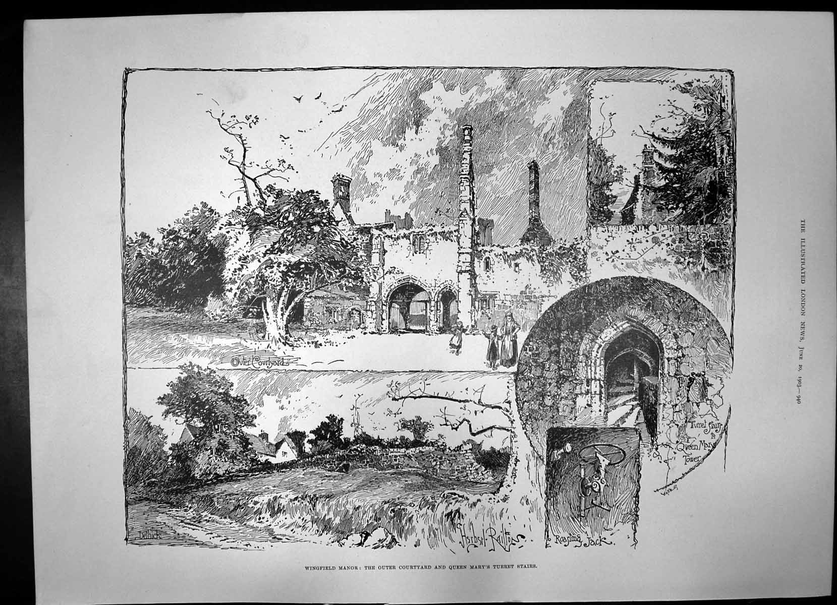 Old Antique Print Wingfield Manor Derbyshire Ruins Courtyard Stairs 1903 20th