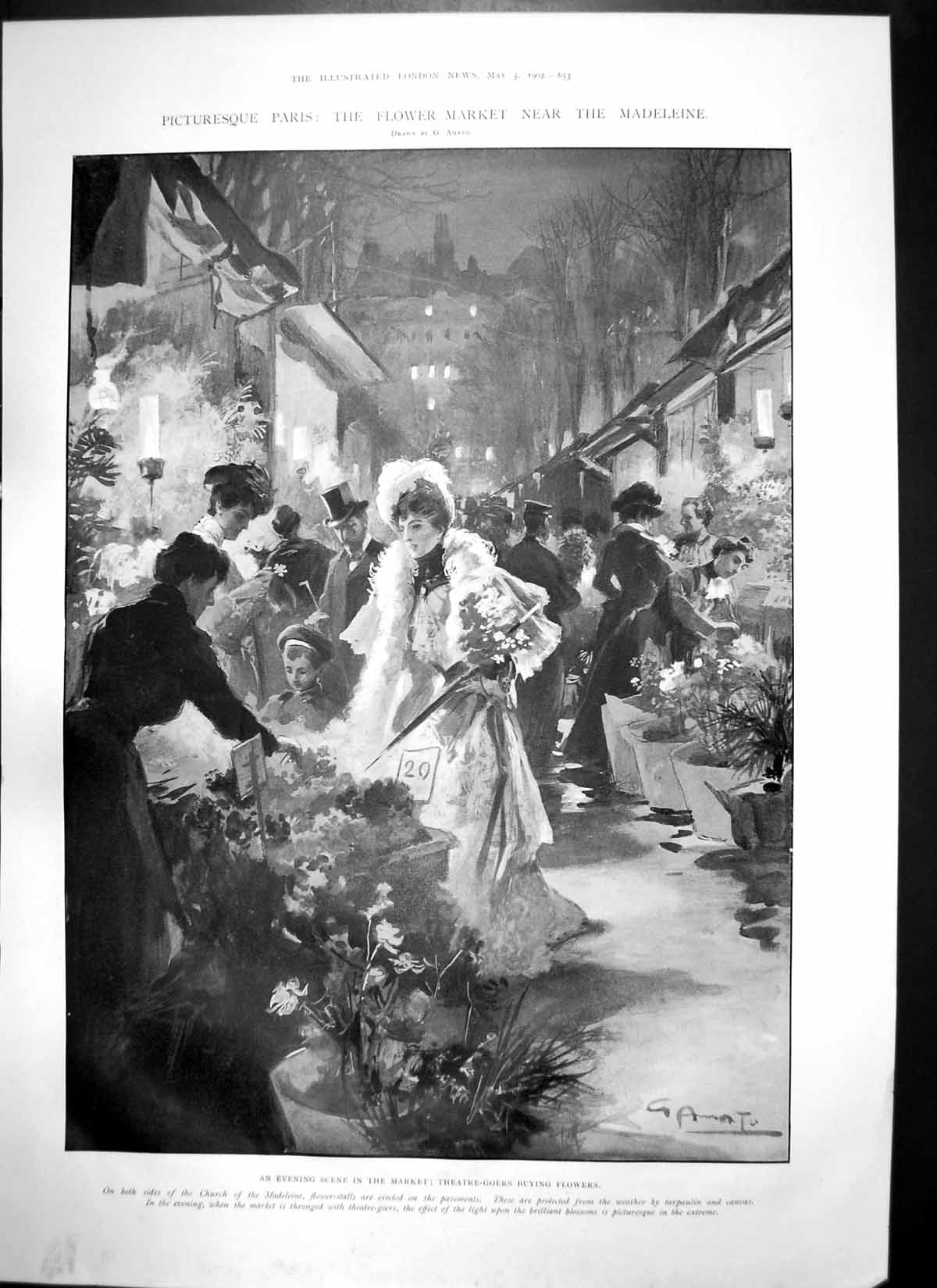 Old Print Flower Market Paris Madeleine Ladies Blouses Chiffon Lace 1902 20th