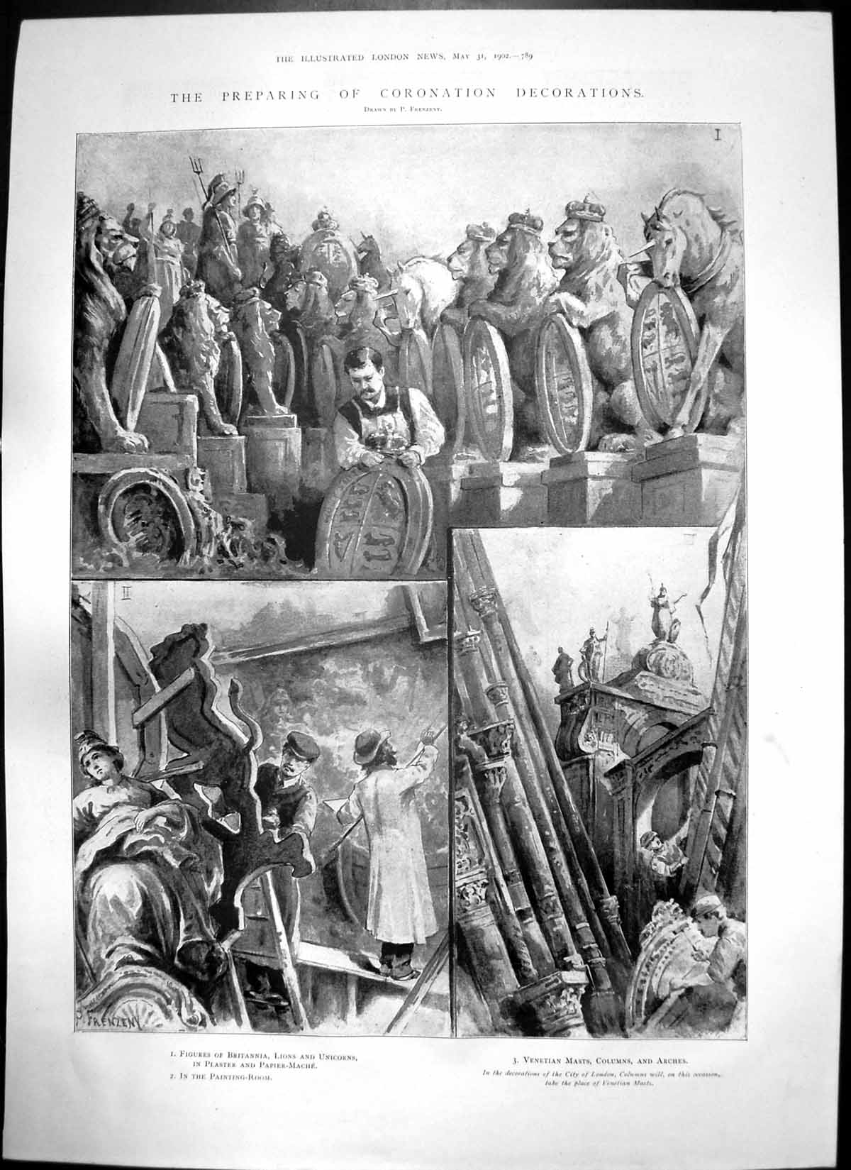 Antique Old Print Preparing Coronation Decorations London Bishop Bossuet 1902