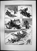 Original Old Antique Print Tobogganning Surrey Opening F Hornimans Museum 1891