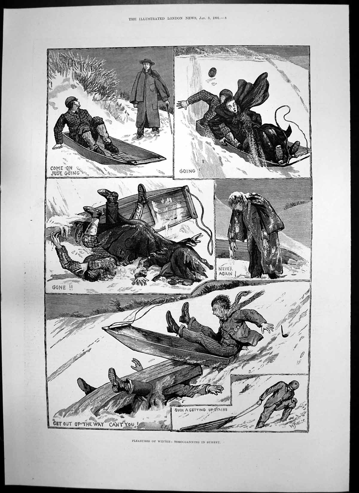 Original Old Antique Print Tobogganning Surrey Opening F Hornimans Museum 1891