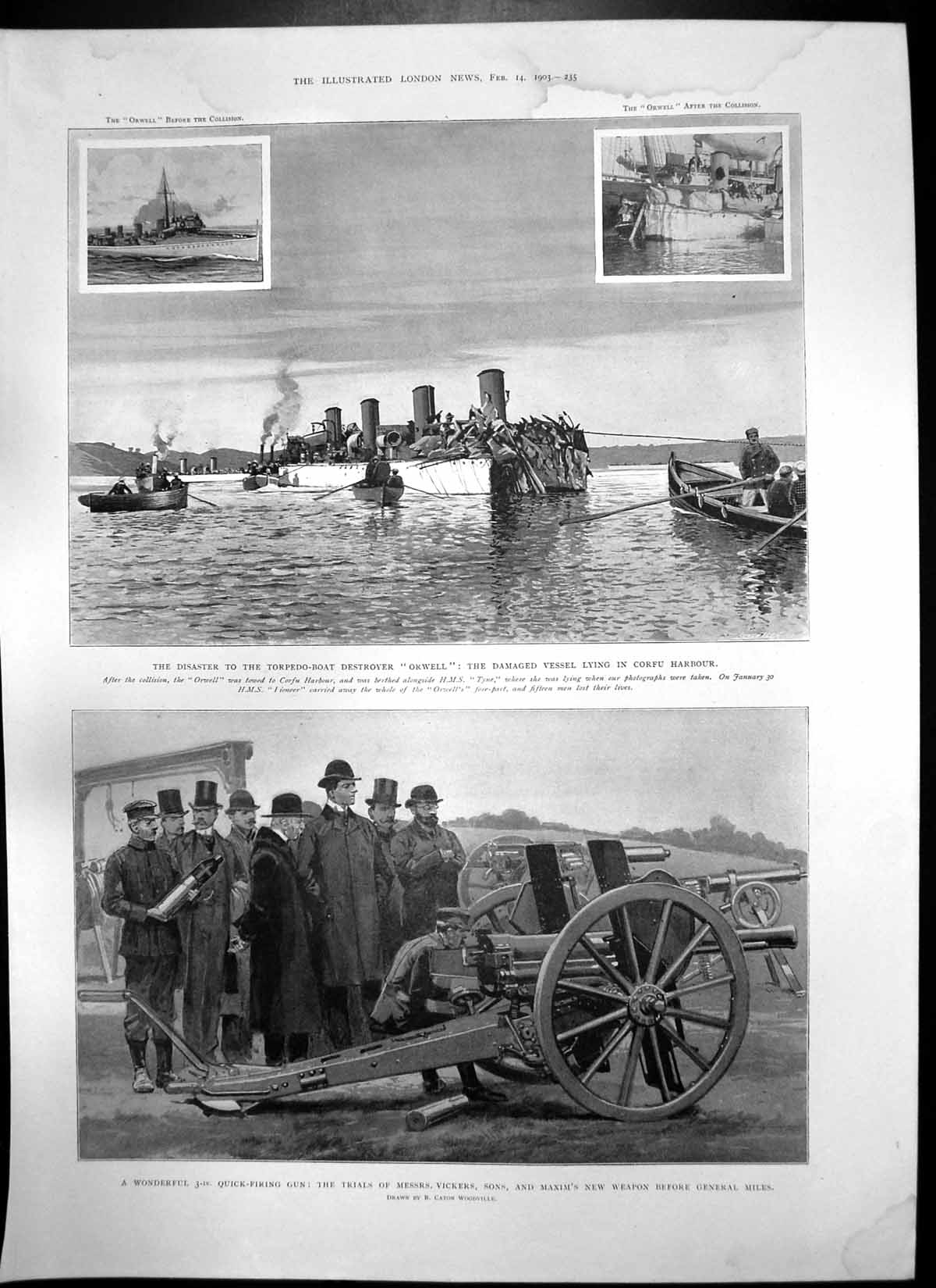 Antique Old Print Damage Destroyer Orwell Corfu Quick Firing Gun Vickers 1903