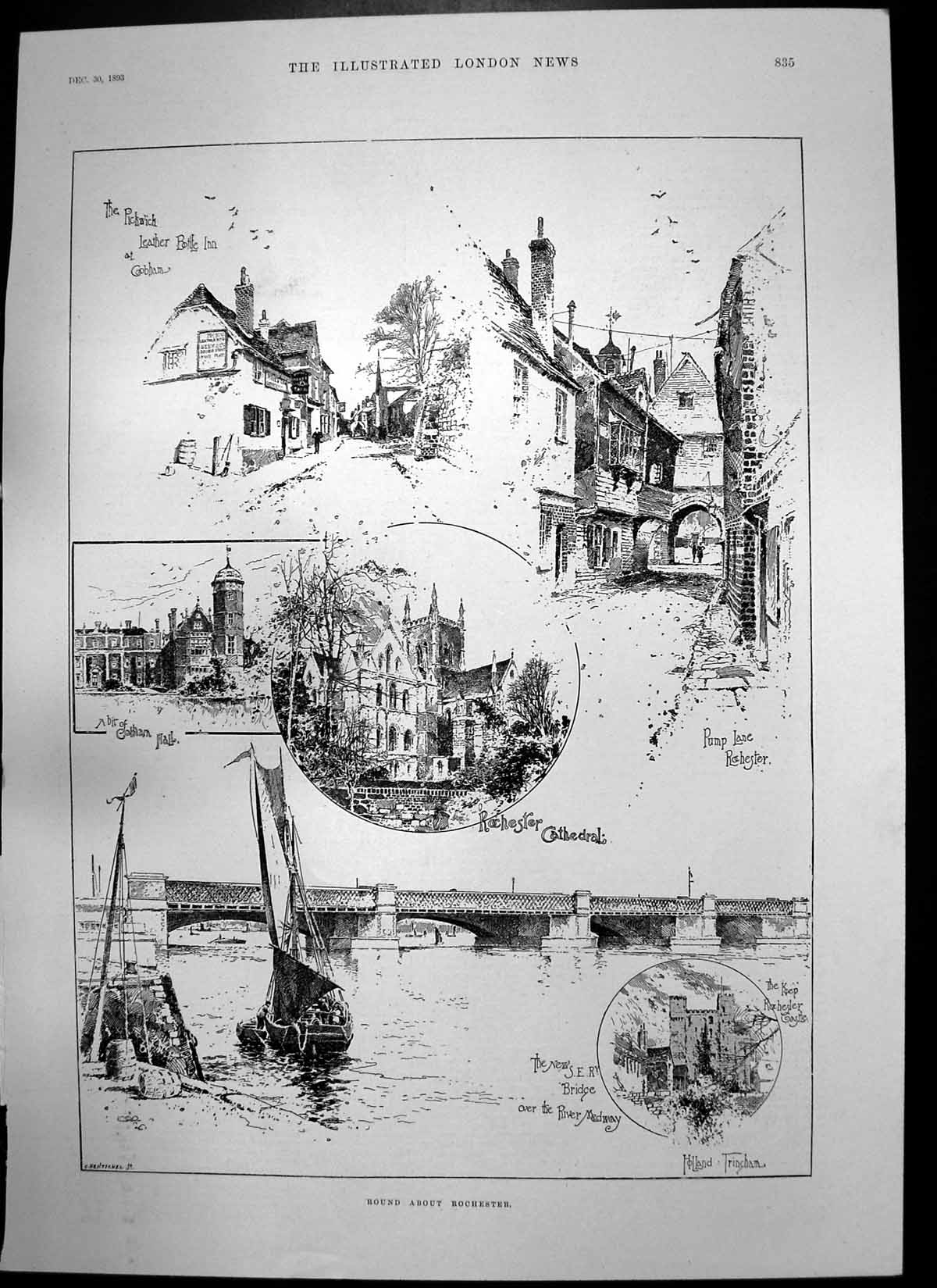 Old Antique Print Rochester Cathedral Burnham Thorpe Church Nelson 1893 19th
