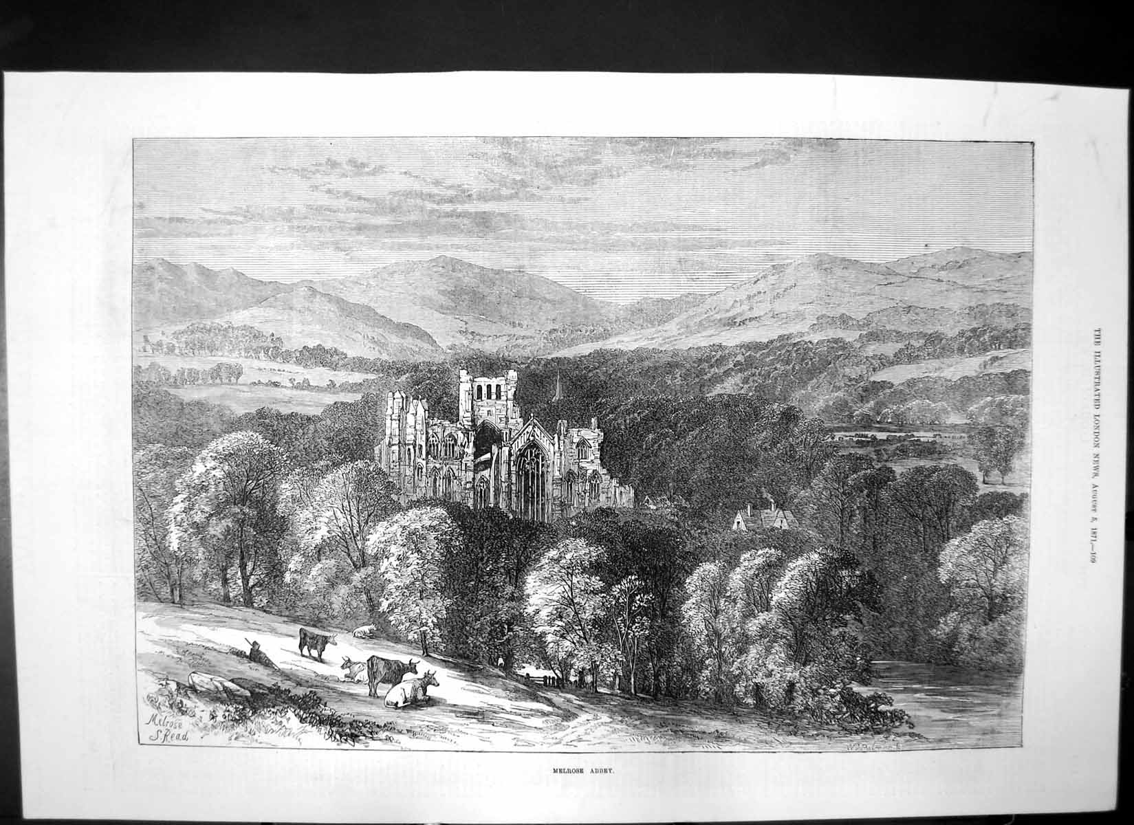 Original Old Antique Print Melrose Abbey Brighton Race Cup Silver Gilt 1871