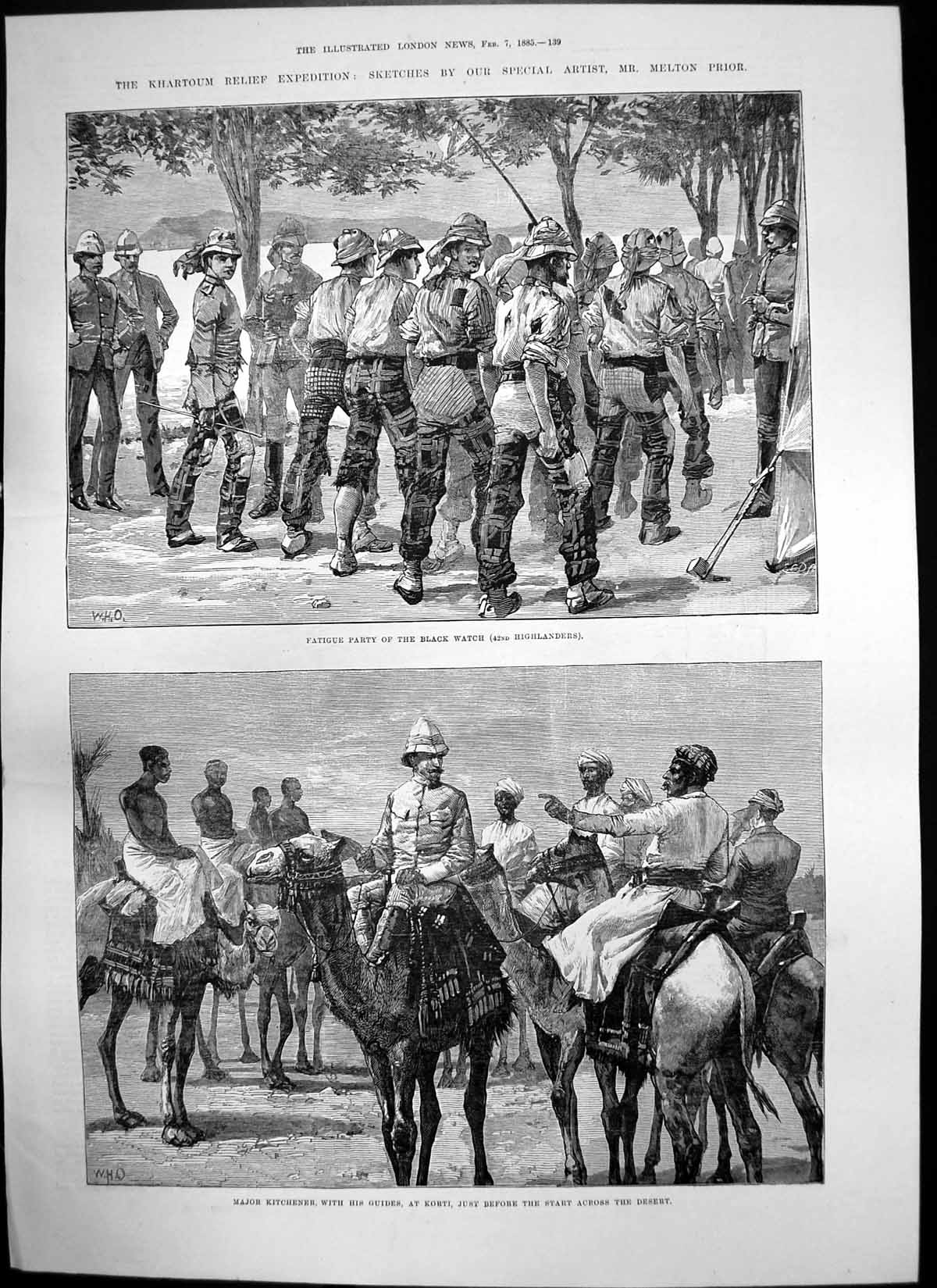 Antique Old Print Major Kitchener Guides Korti Fatigue Party Black Watch 1885
