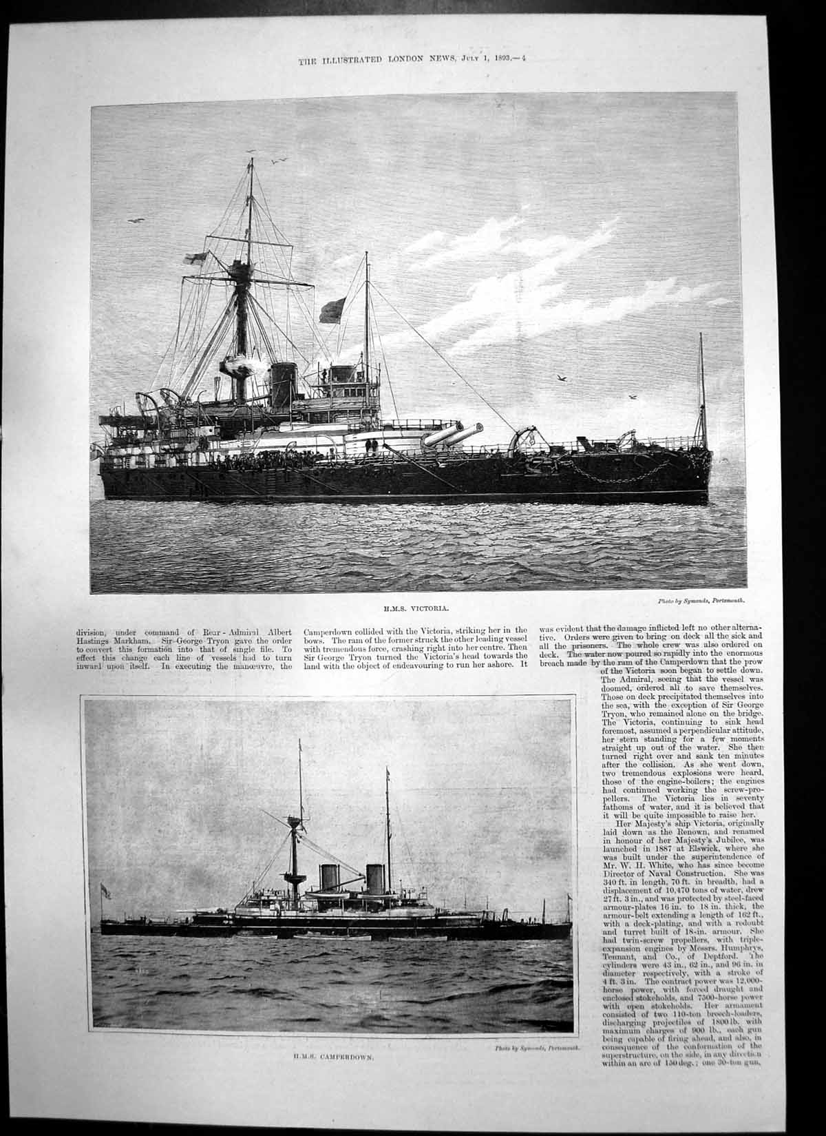 Antique Old Print Hms Victoria Hms Camperdown Vice Admiral George Tryson 1893