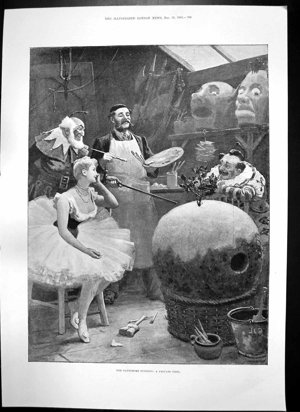 Antique Old Print Pantomine Pudding Double Punishment Tied Stocks Dog 1893 19th