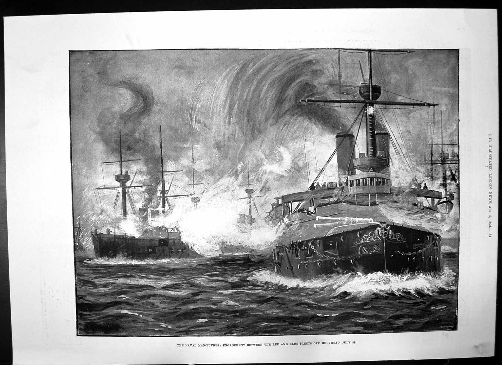 Antique Print Engagement Red Blue Fleets Holyhead Gen Robert Biddulph 1893 19th