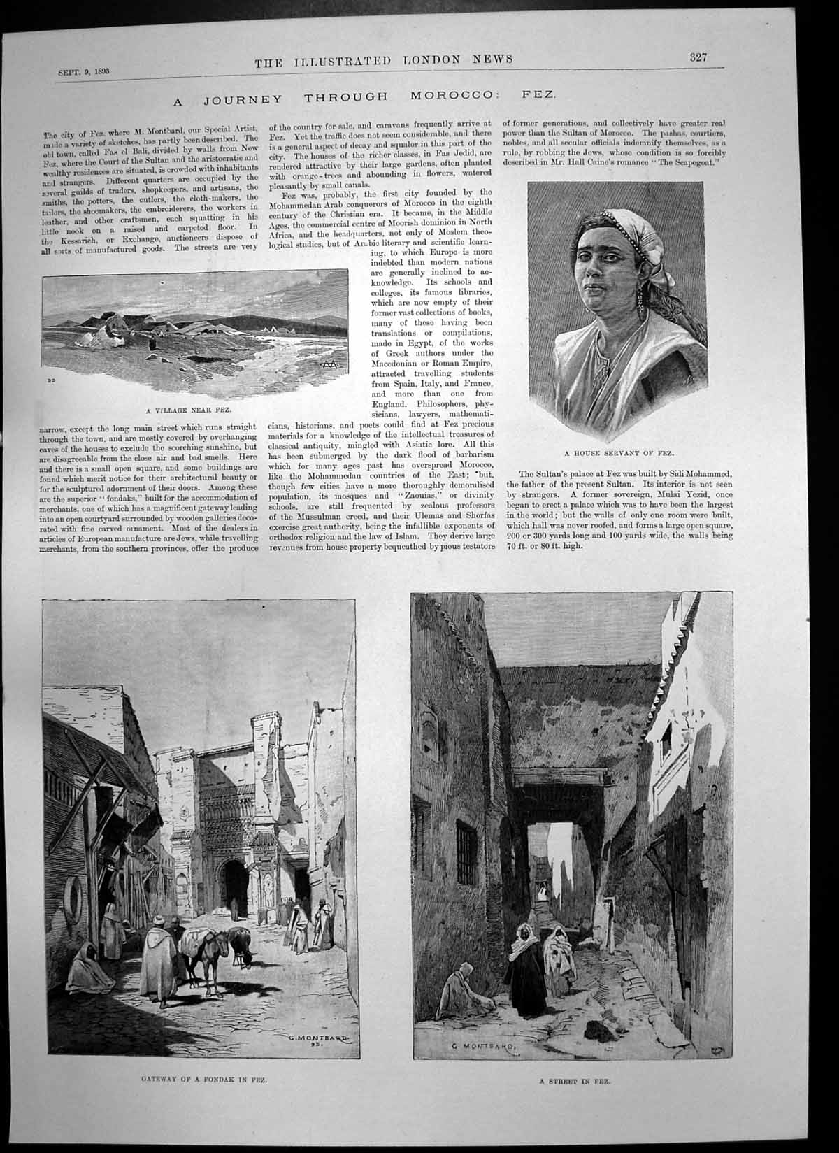 Antique Old Print Morocco Fez Village Gateway Fondak Caught Eagle Hare 1893