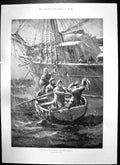 Antique Old Print Christmas Roadstead Boats Christmas Crutches Home War 1900