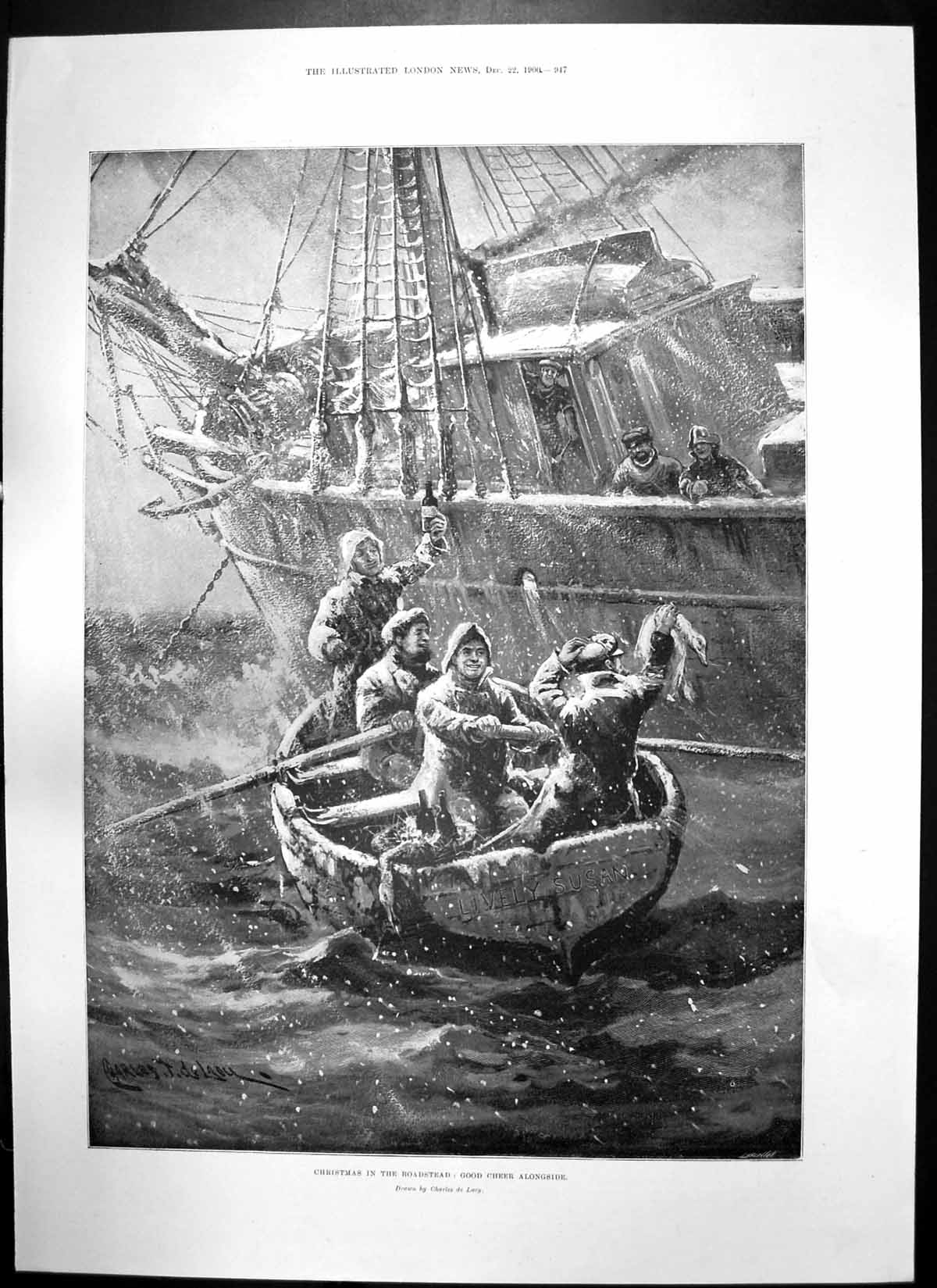 Antique Old Print Christmas Roadstead Boats Christmas Crutches Home War 1900