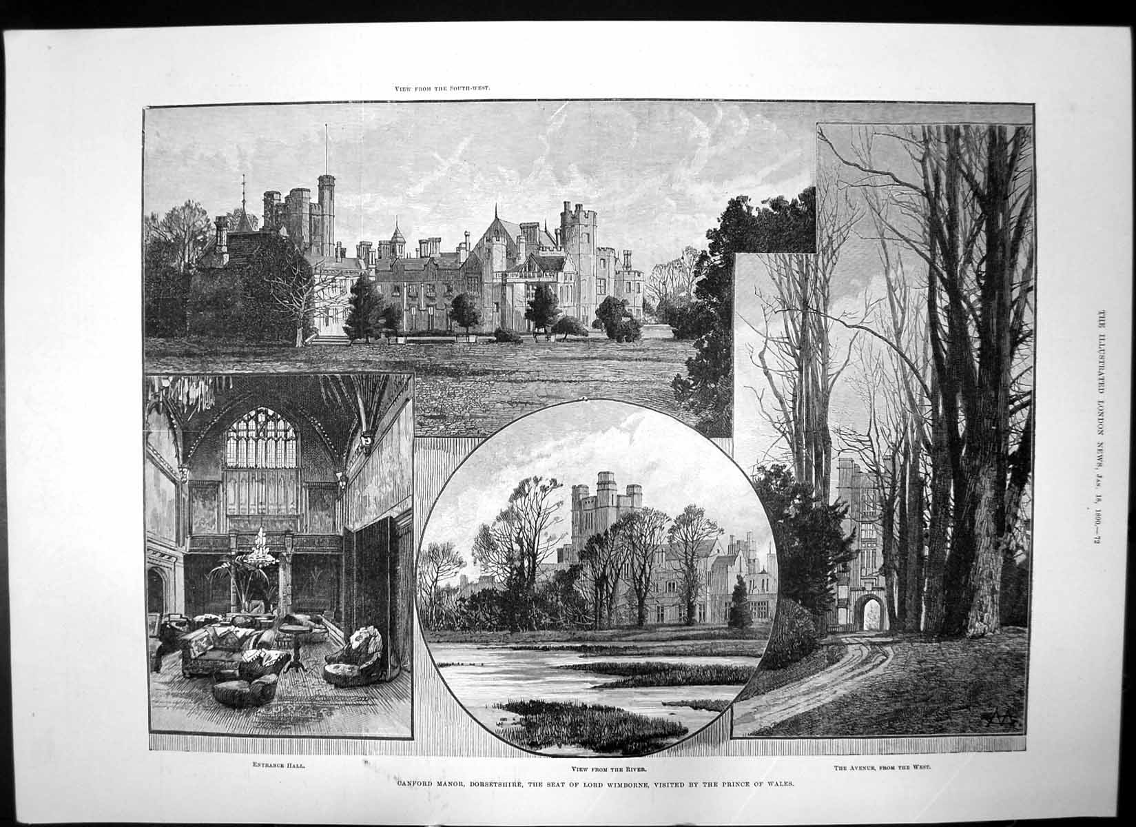 Antique Old Print Canford Manor Lord Wimborne Vict Hospital Bournemouth 1890