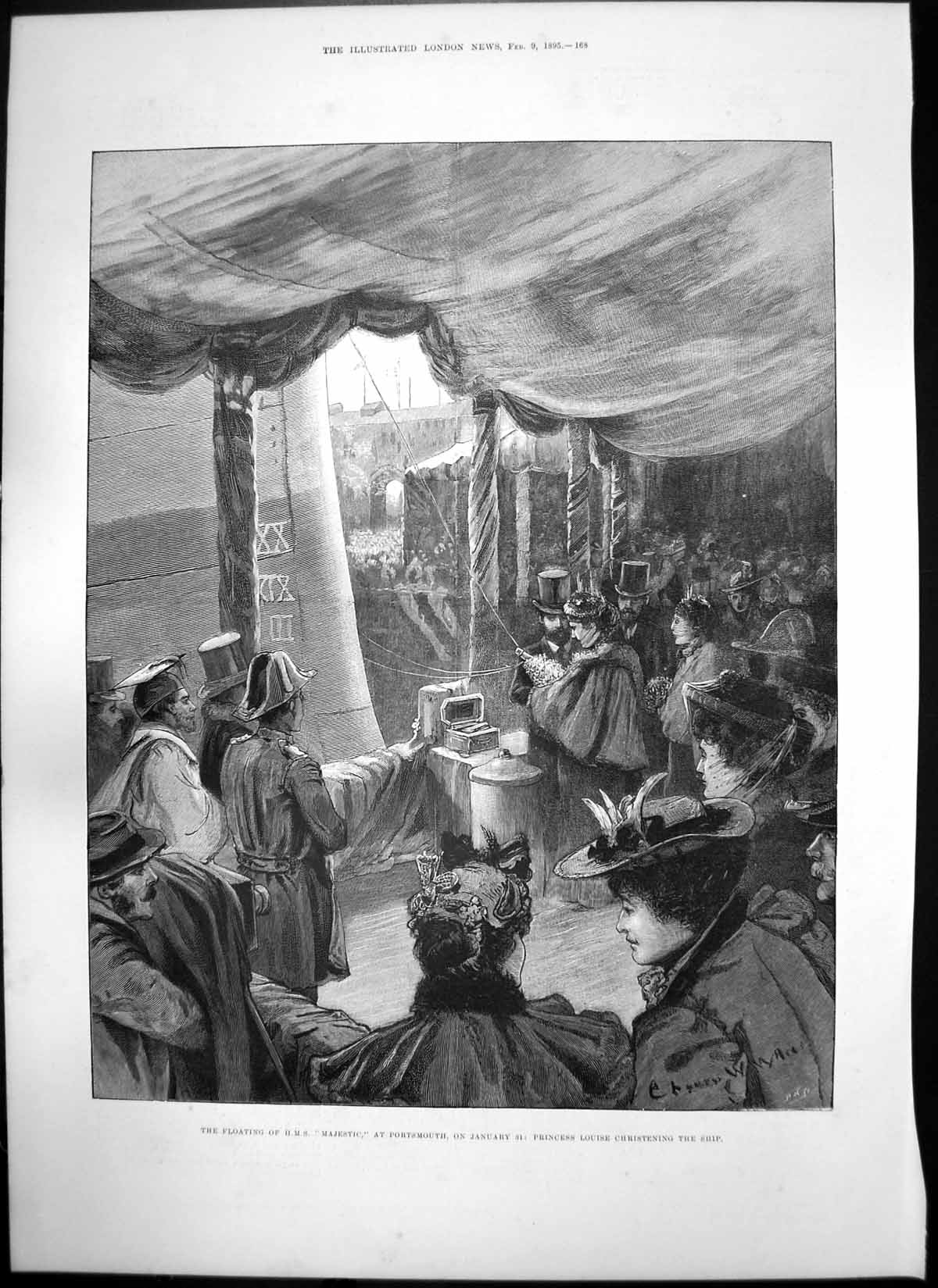 Antique Old Print Princess Louise Christening Hms Majestic Portsmouth 1895 19th