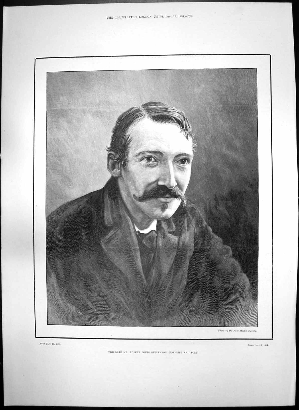 Antique Old Print Robert Louis Stevenson Poet Hms Blenheim John Thompson 1894