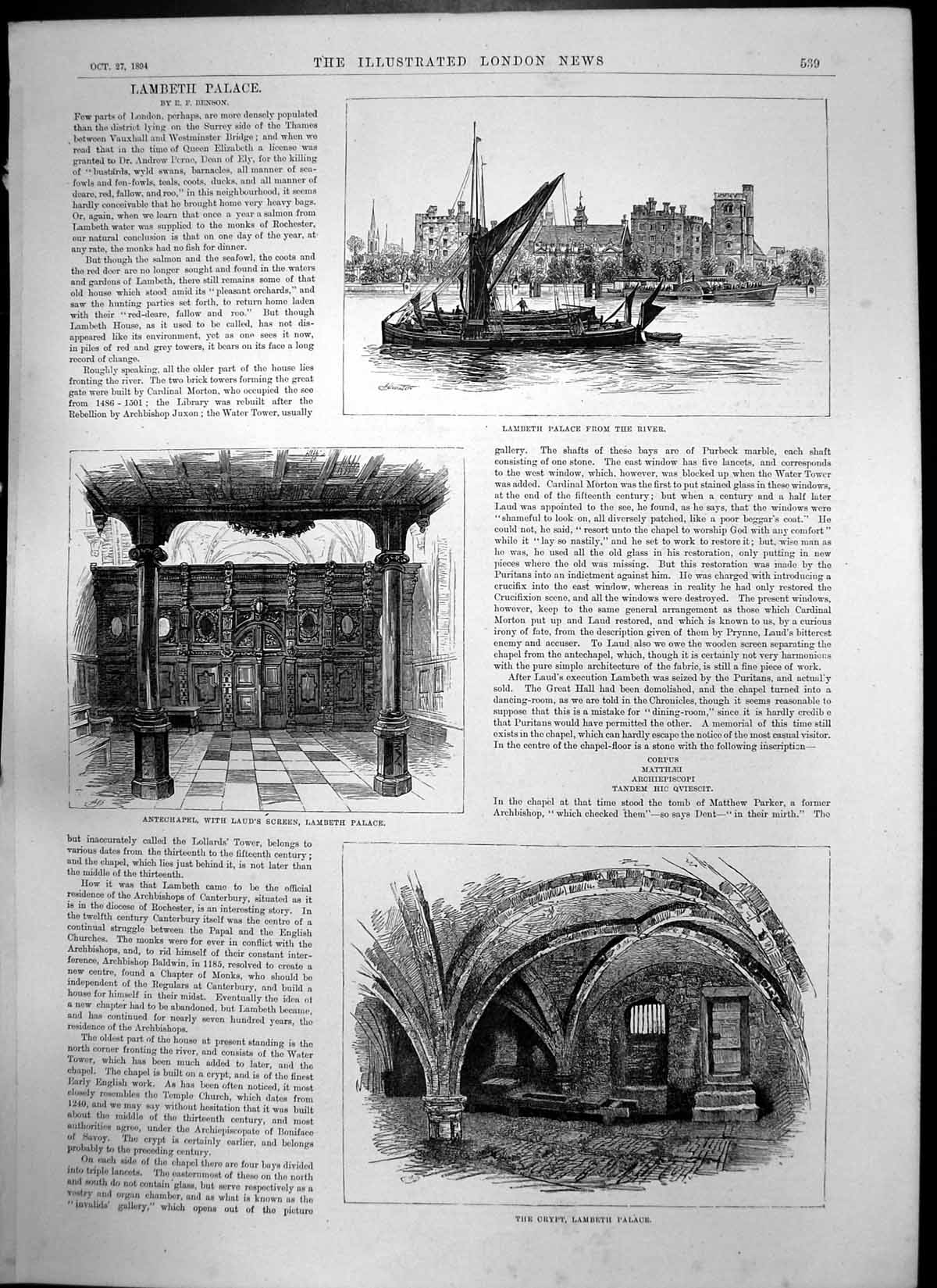 Old Antique Print Lambeth Palace Antechapel Crypt Water Tower Turret 1894 19th