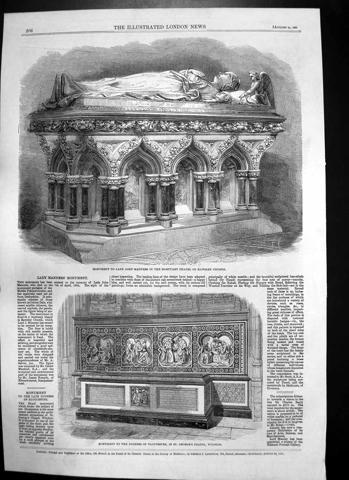 Old Antique Print Monument Lady Manners Rawsley Duchess Glouchester 1861 19th
