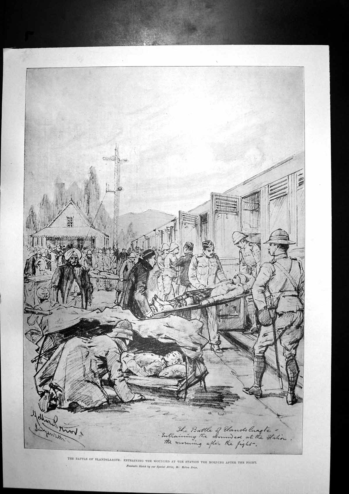 Original Old Antique Print Battle Elandslaagte Wounded Station Major Robin 1899