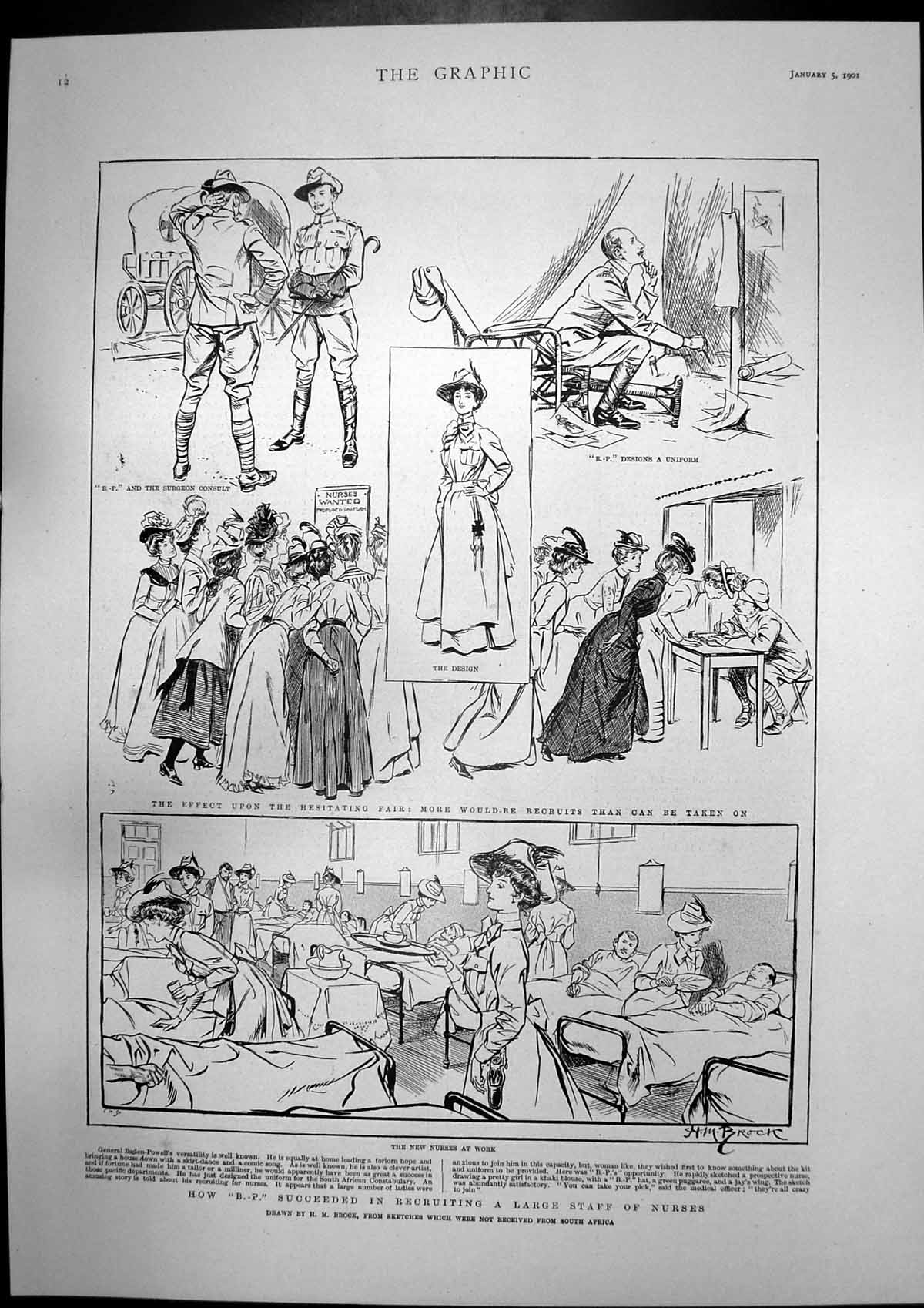 Old Antique Print Recruiting New Nurses New Theatre Camden E Barton 1901 20th
