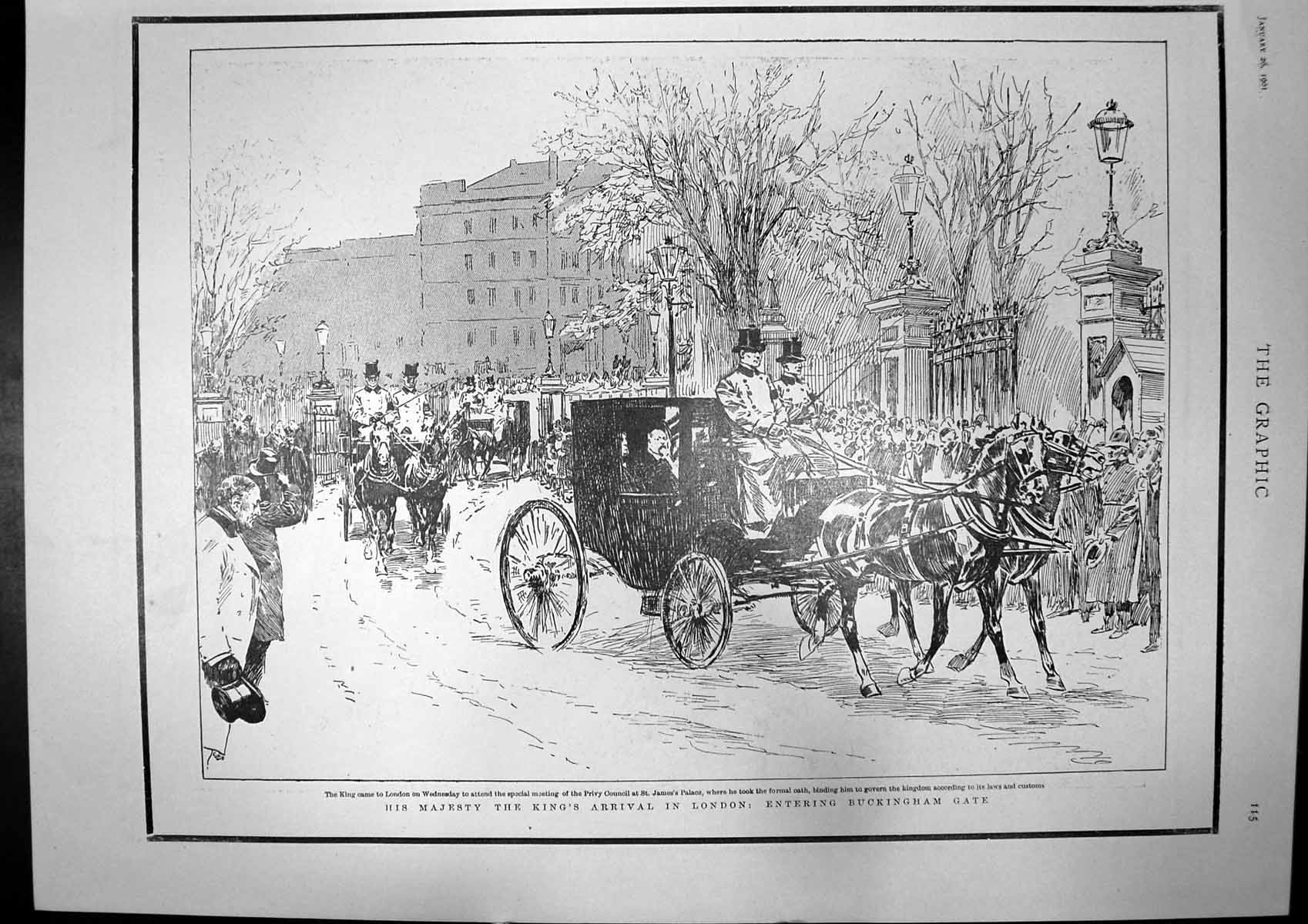 Antique Old Print King Arrival London Buckingham Gate Queen Pony Osborne 1901