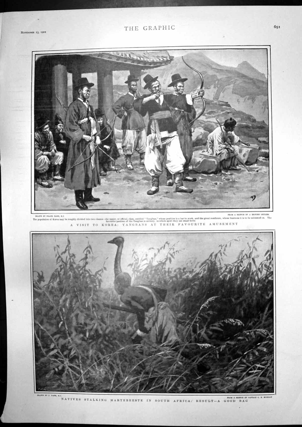 Antique Print Yangbans Korea Stalking Hartebeeste Russians Amur River 1901 20th