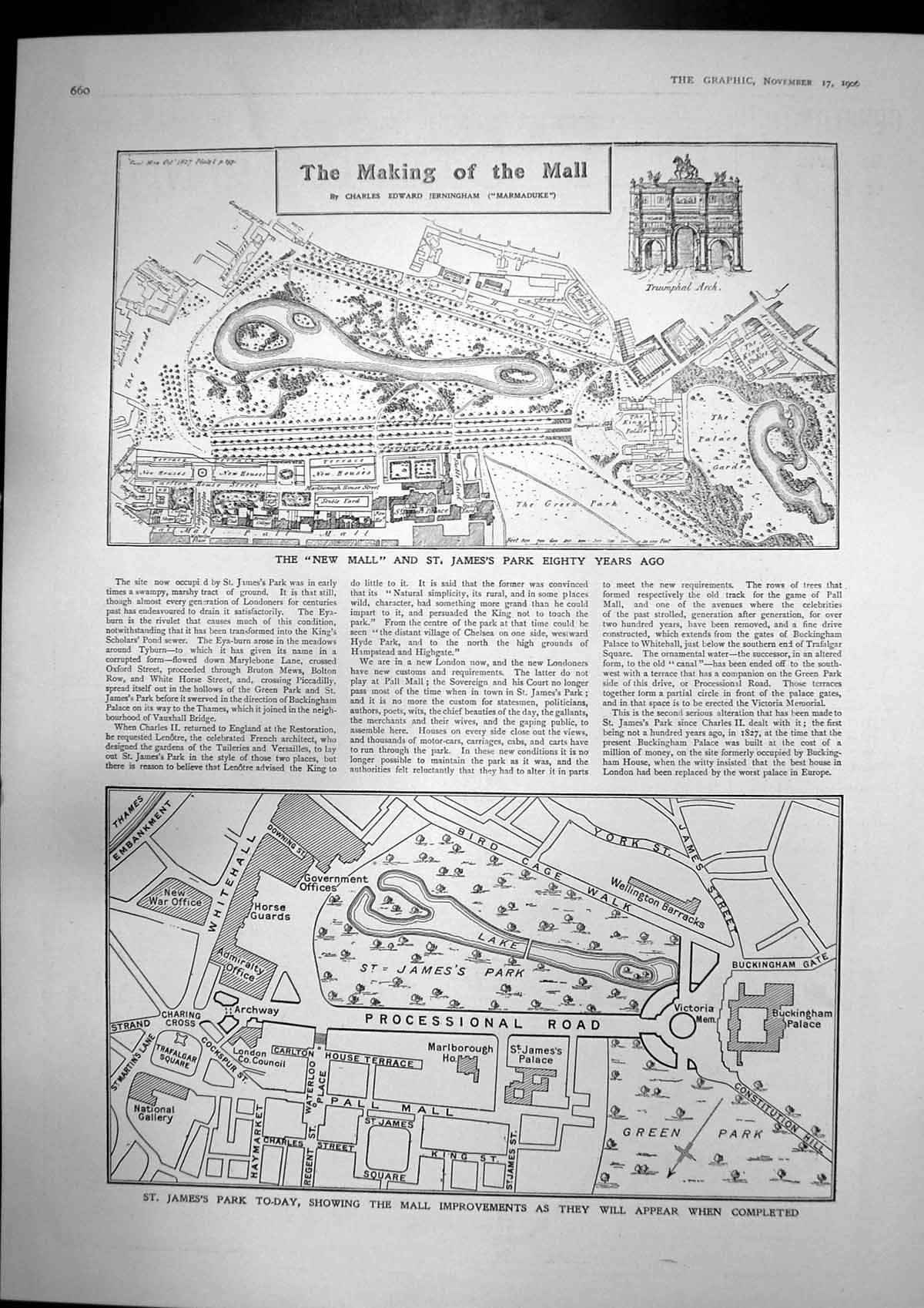 Original Old Antique Print Making Mall Map St James Park Warings Furniture 1906