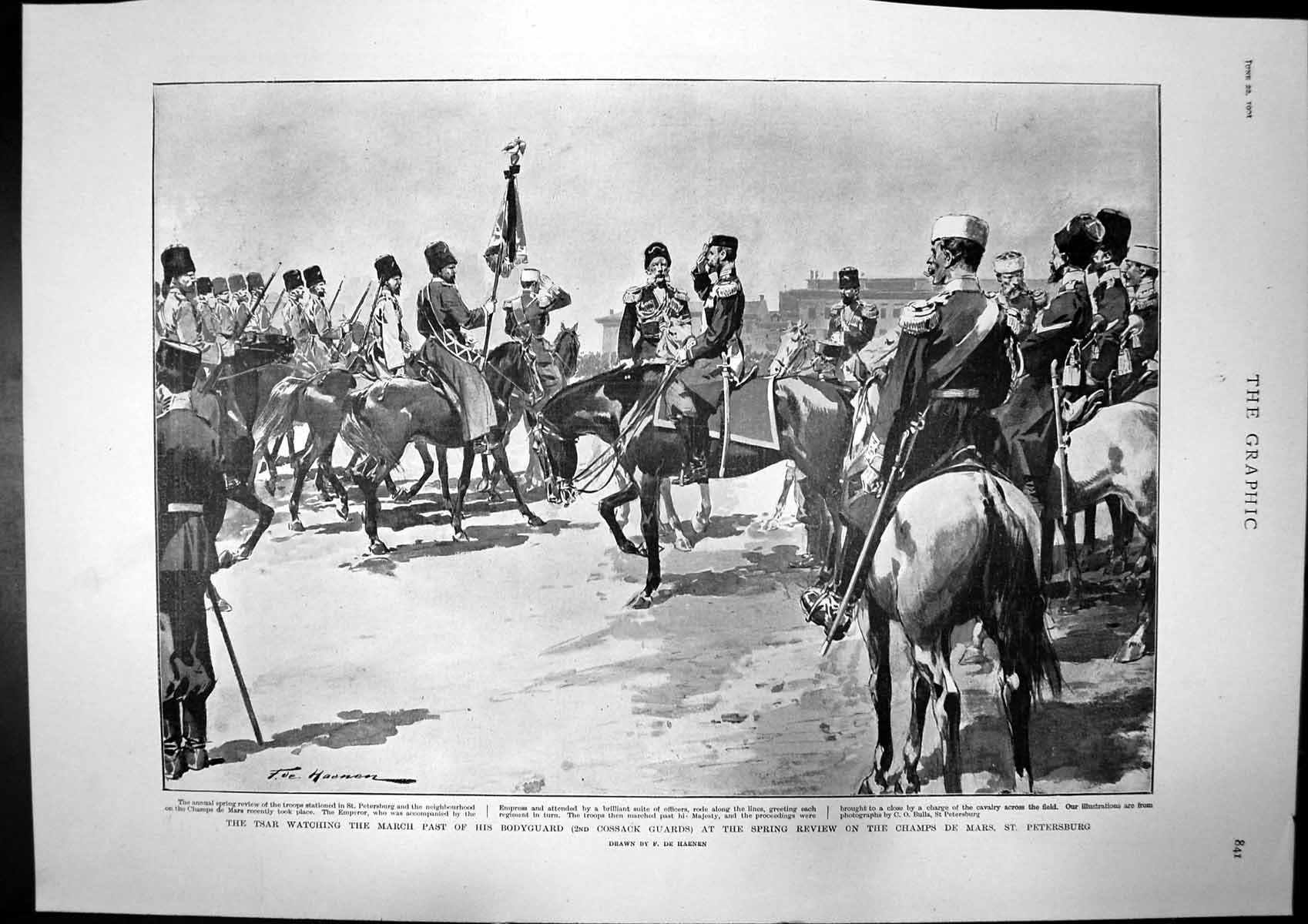 Antique Old Print General Mrs Botha Tsar Bodyguard Review St Petersburg 1901