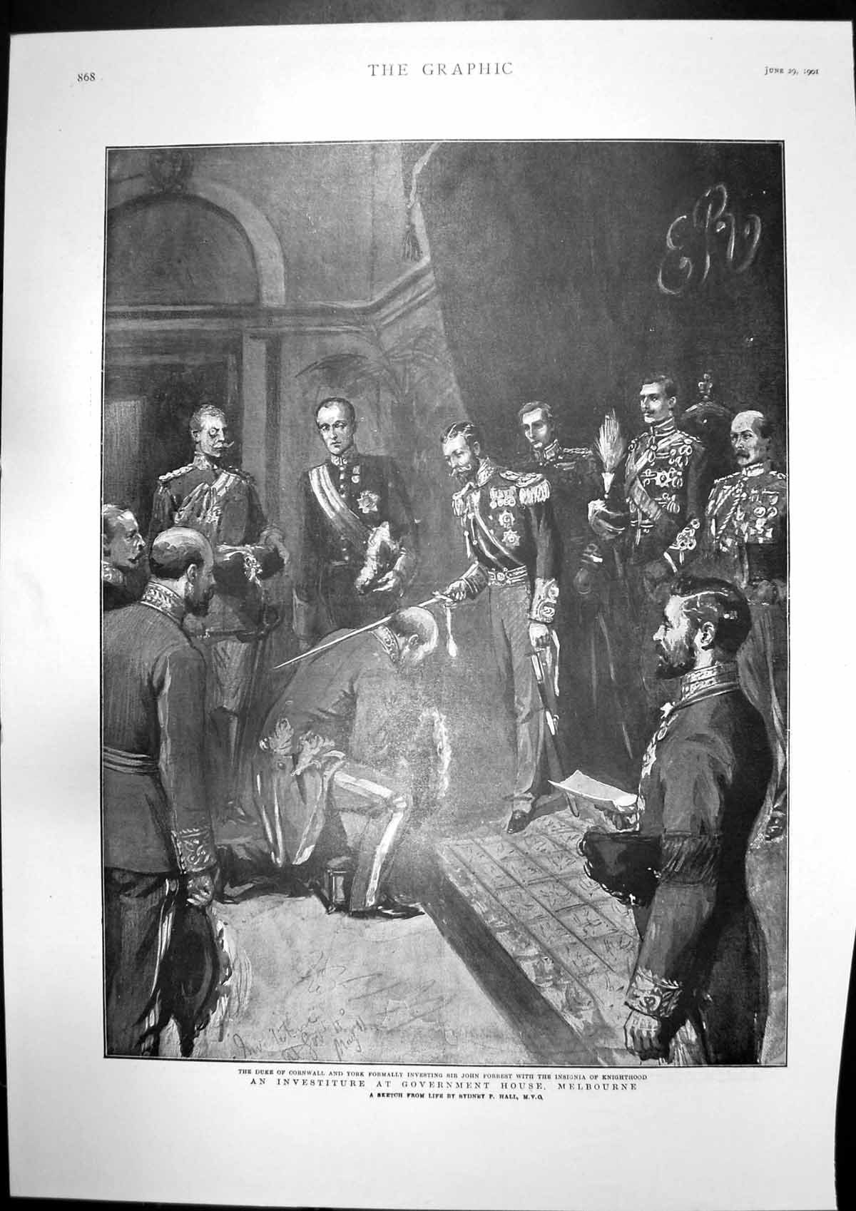 Antique Old Print Sir John Forrest Knighted Melbourne Ashford Horse Show 1901