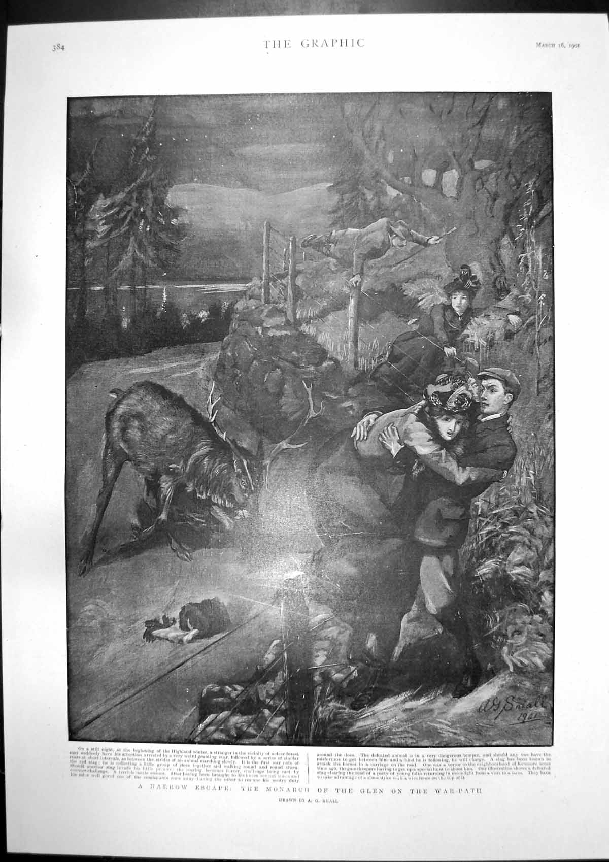 Antique Old Print Monarch Glen Warpath Chased Stag Hal=Mourning Costumes1901