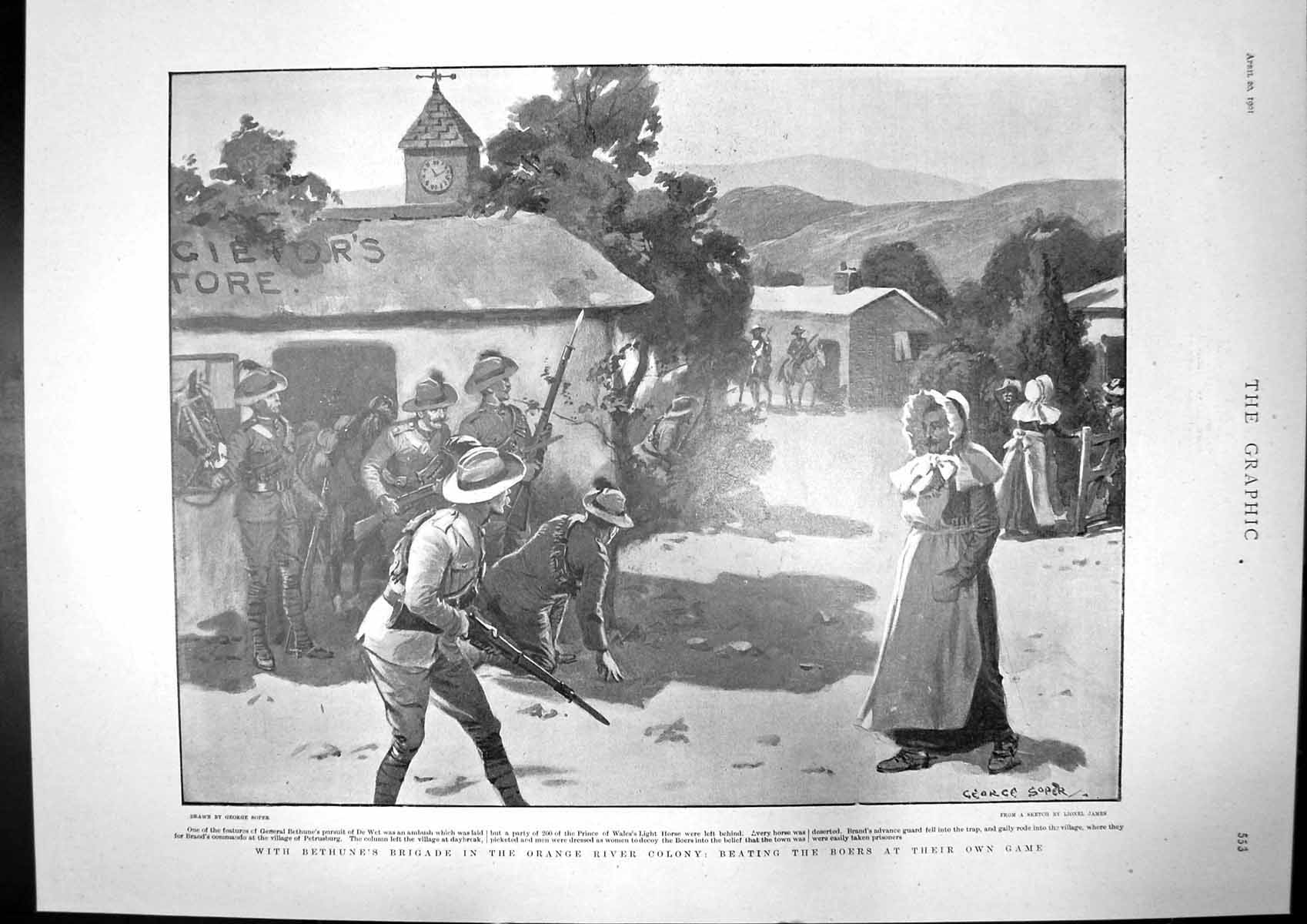 Antique Old Print Bethunes Brigade Orange River Boers Sgt Donald Farmer 1901