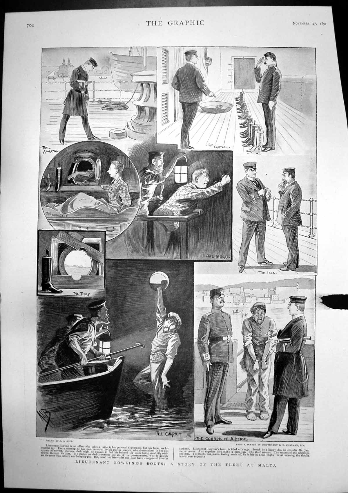 Old Print Lieut Bowlines Boots Fleet Malta Miss Minnie Hunting Field 1897 19th