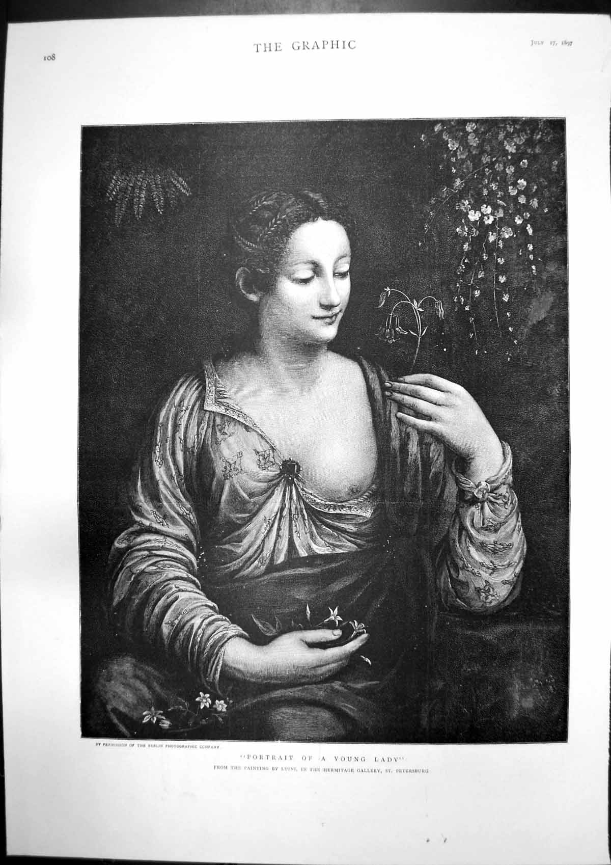 Antique Print Portrait Young Lady Luini State Carpet Queen Dress Races 1897