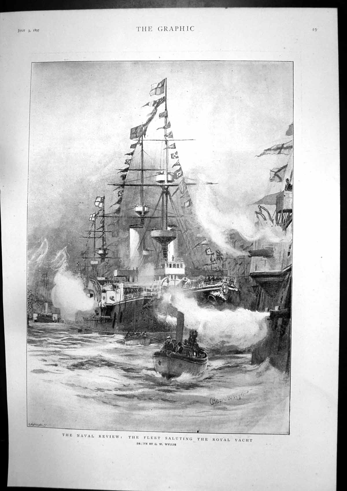 Antique Old Print Naval Review Fleet Royal Yacht Southsea Beach Storm 1897 19th