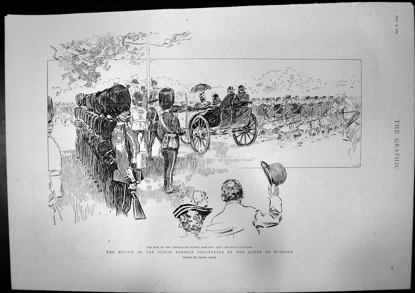 Antique Old Print Review Schools Queen Windsor Naval Review Royal Salute 1897
