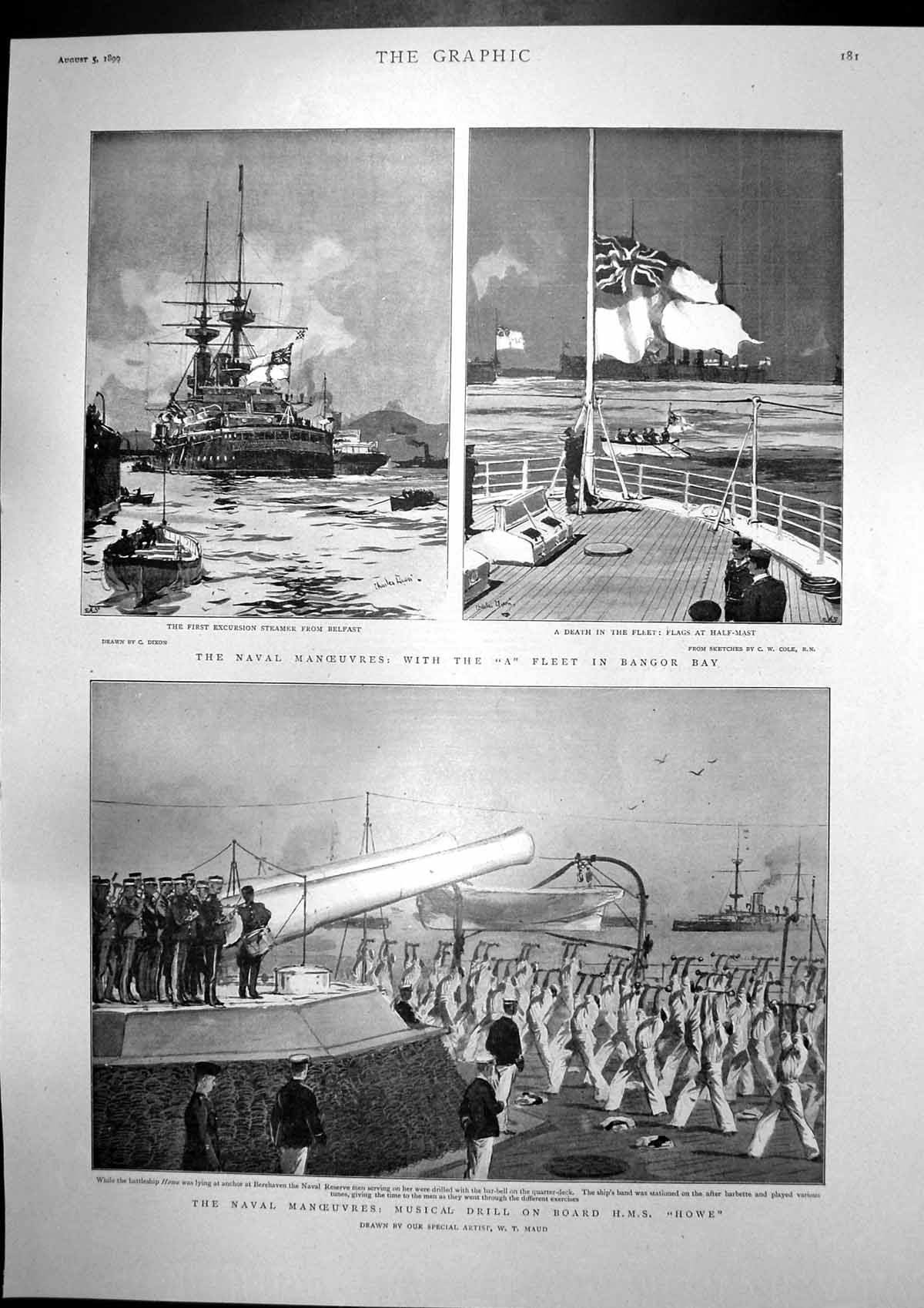 Old Print Fleet Bangor Bay Drill Hms Howe Coupe France Sailing Ryde 1899 19th