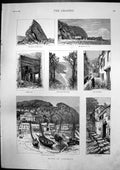Antique Old Print Clovelly Beach Pier Black Church Rock Toad Rock Ladder 1884