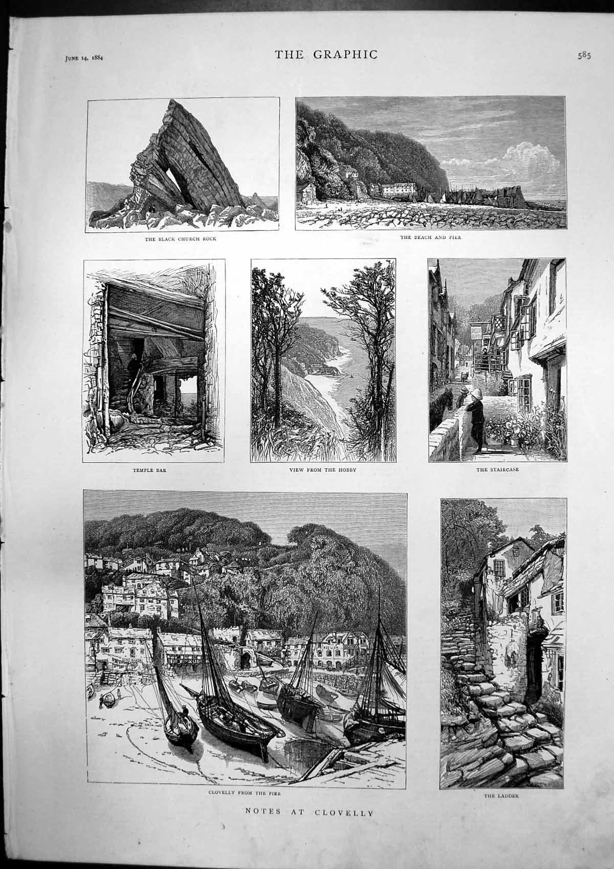Antique Old Print Clovelly Beach Pier Black Church Rock Toad Rock Ladder 1884
