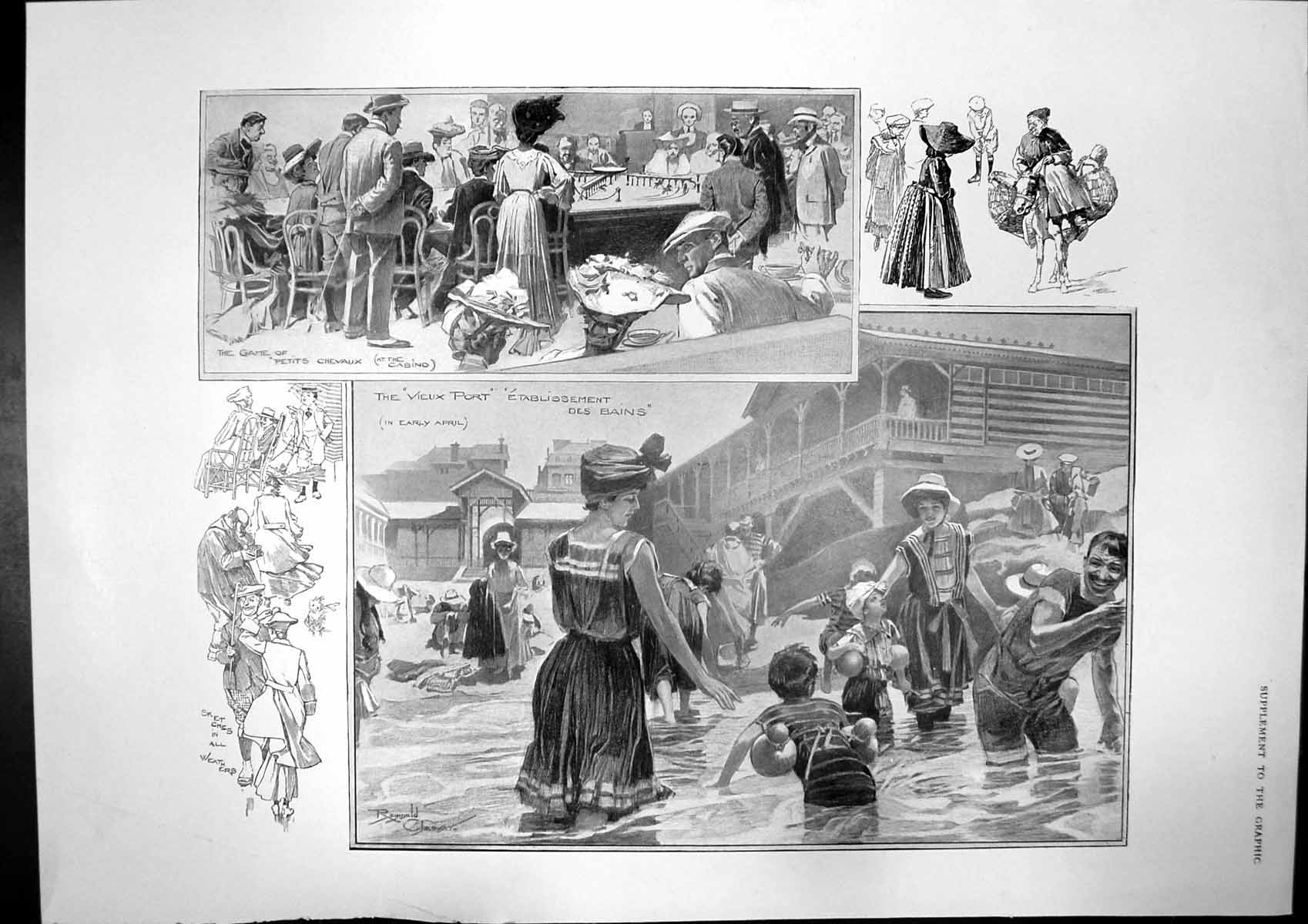 Old Print Etablissement Des Bains Bathing Street Scene Cairo Camel C1900 20th