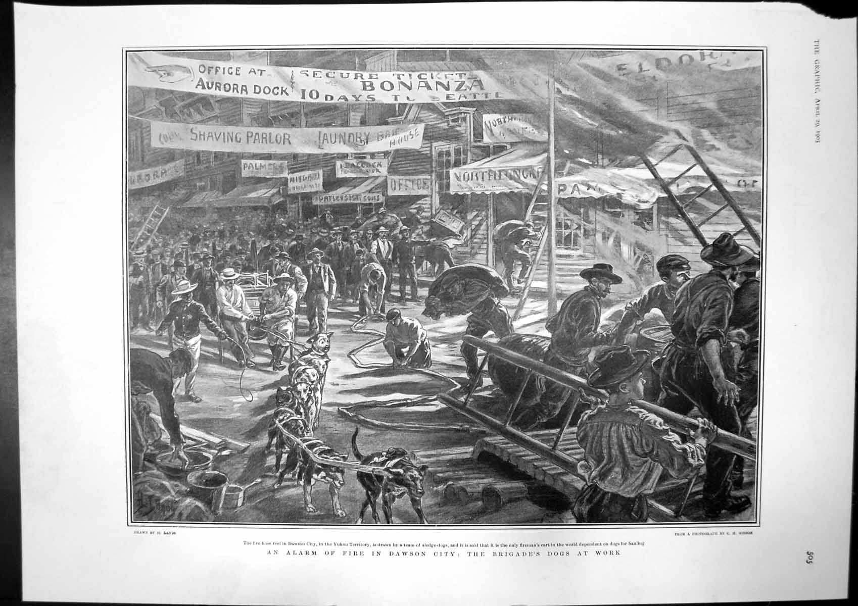 Antique Print Alarm Fire Dawson City Brigades Dogs Wakefield Cathedral 1905