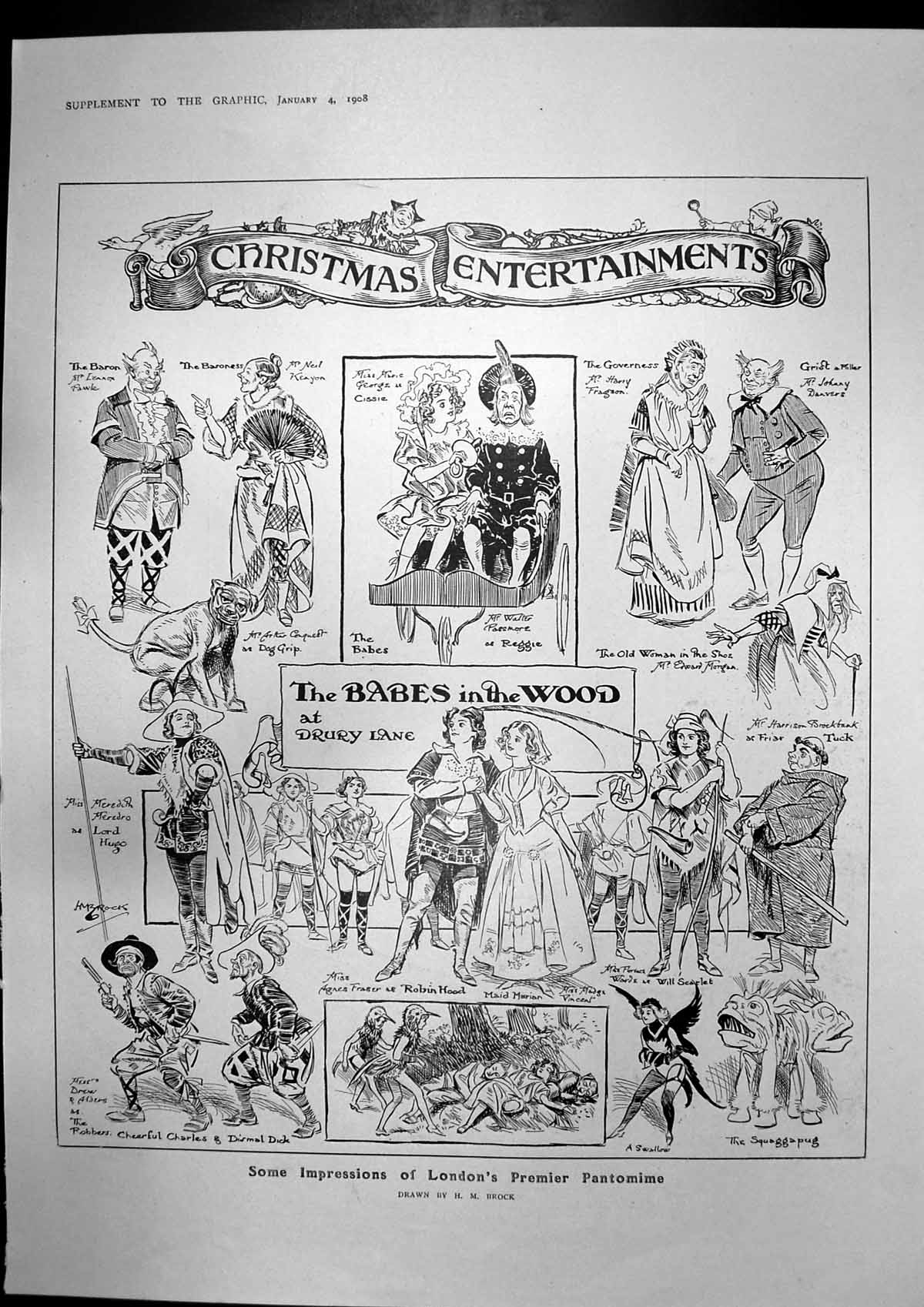 Antique Old Print Babes Wood Drury Lane Robinson Crusoe Lyceum Theatre 1908