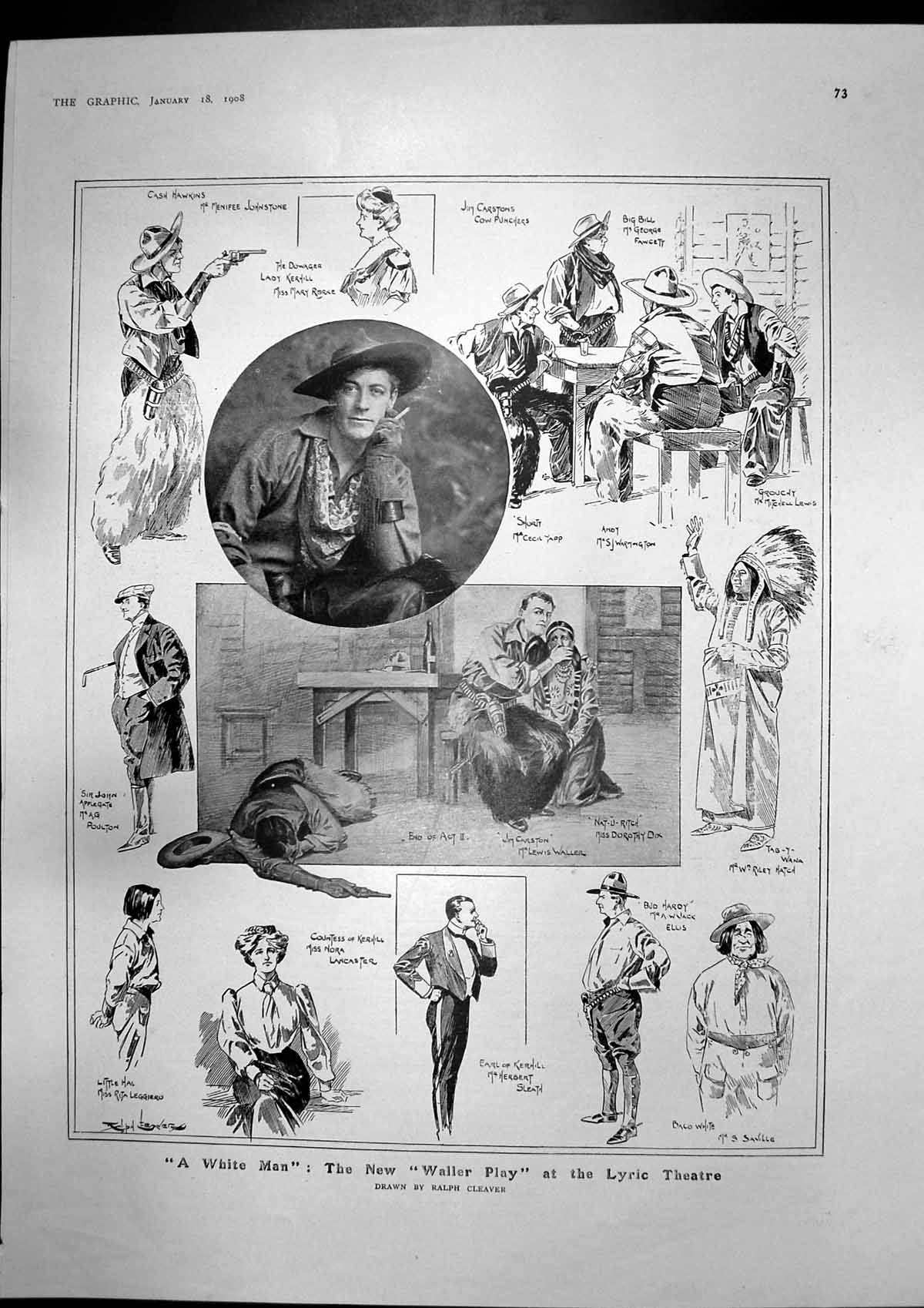 Old Print White Man Waller Play Lyric Theatre Wp Frith Artist Studio 1908 20th