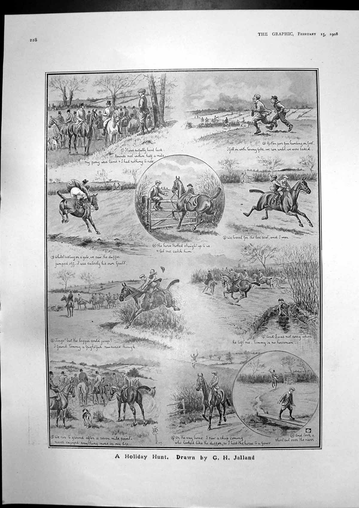 Antique Old Print Holiday Hunt Herr Emil Sauer Netting Serpentine Fish 1908