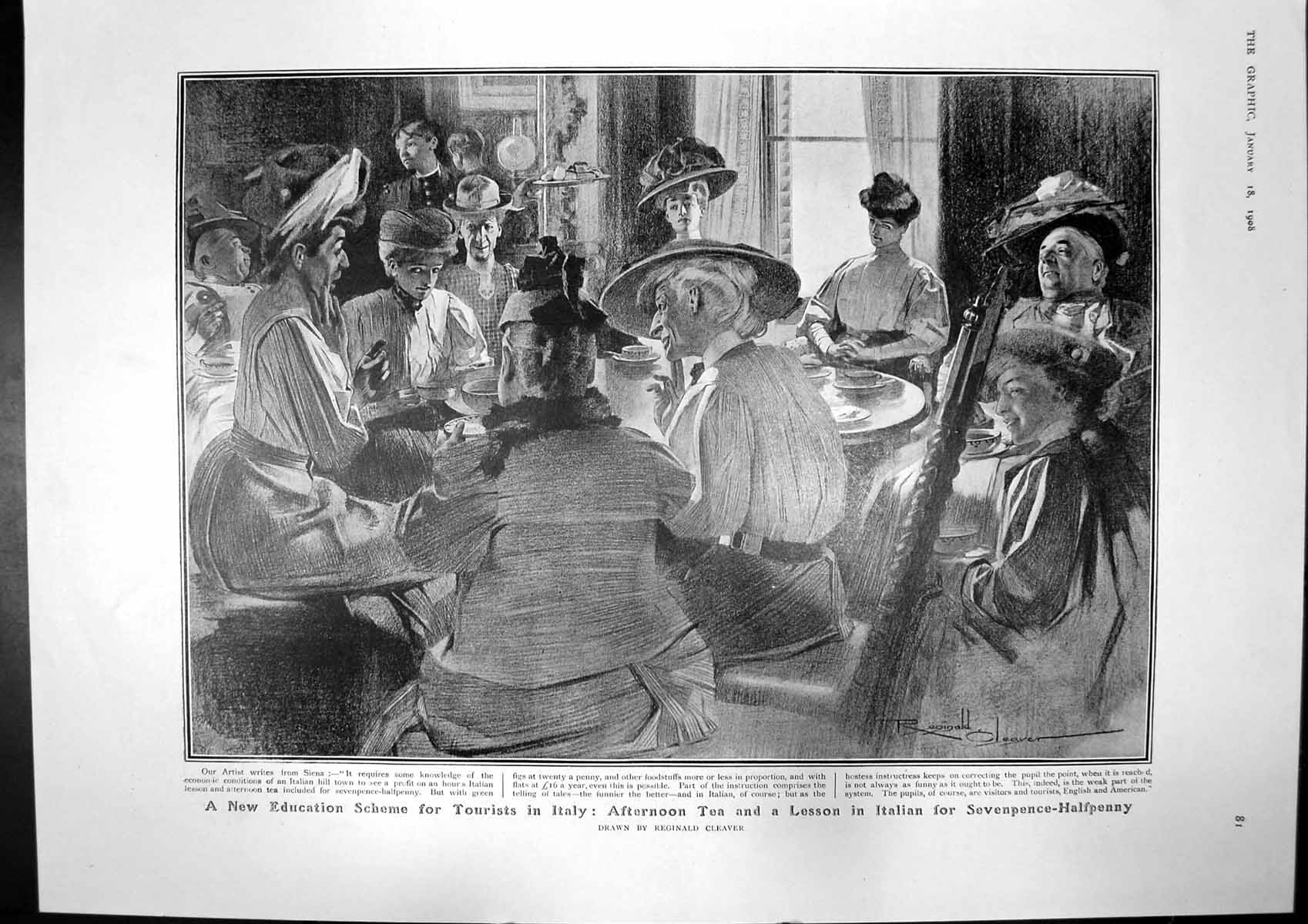 Antique Print Tea Lesson Italian Mrs Leonidas Hubbard Frederic Gsmid 1908 20th