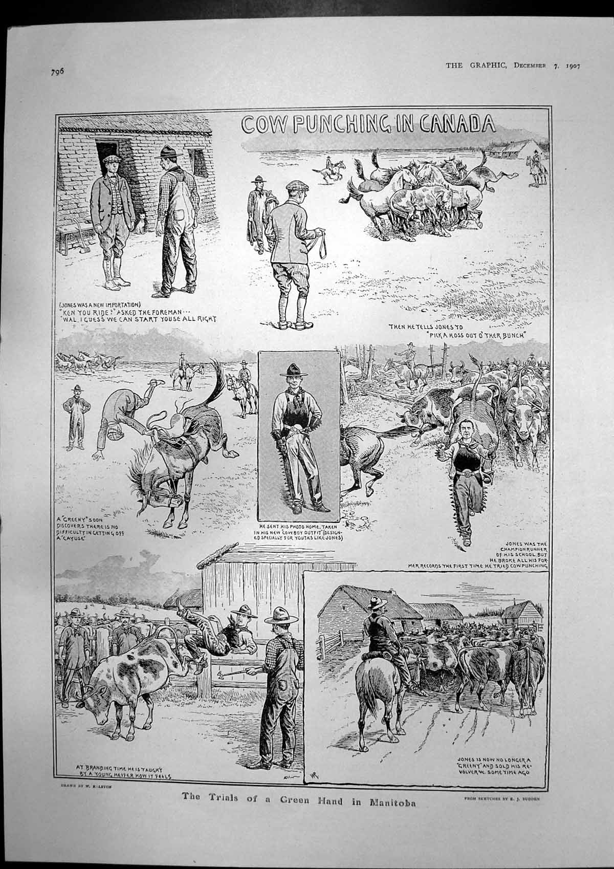 Antique Old Print Cow Punching Canada Funeral General Sir Henry Colville 1907