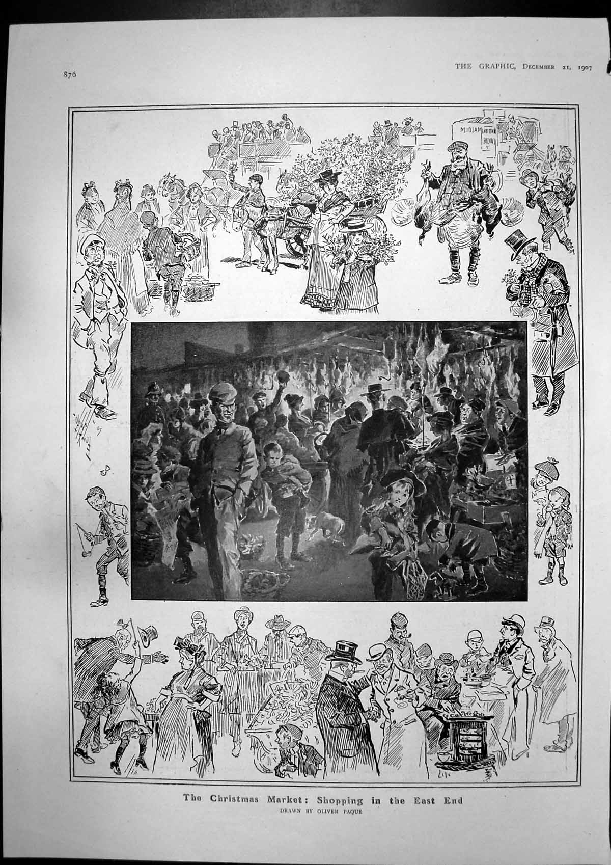 Old Antique Print Christmas Shopping East End Floods Thames Chertsey 1907 20th