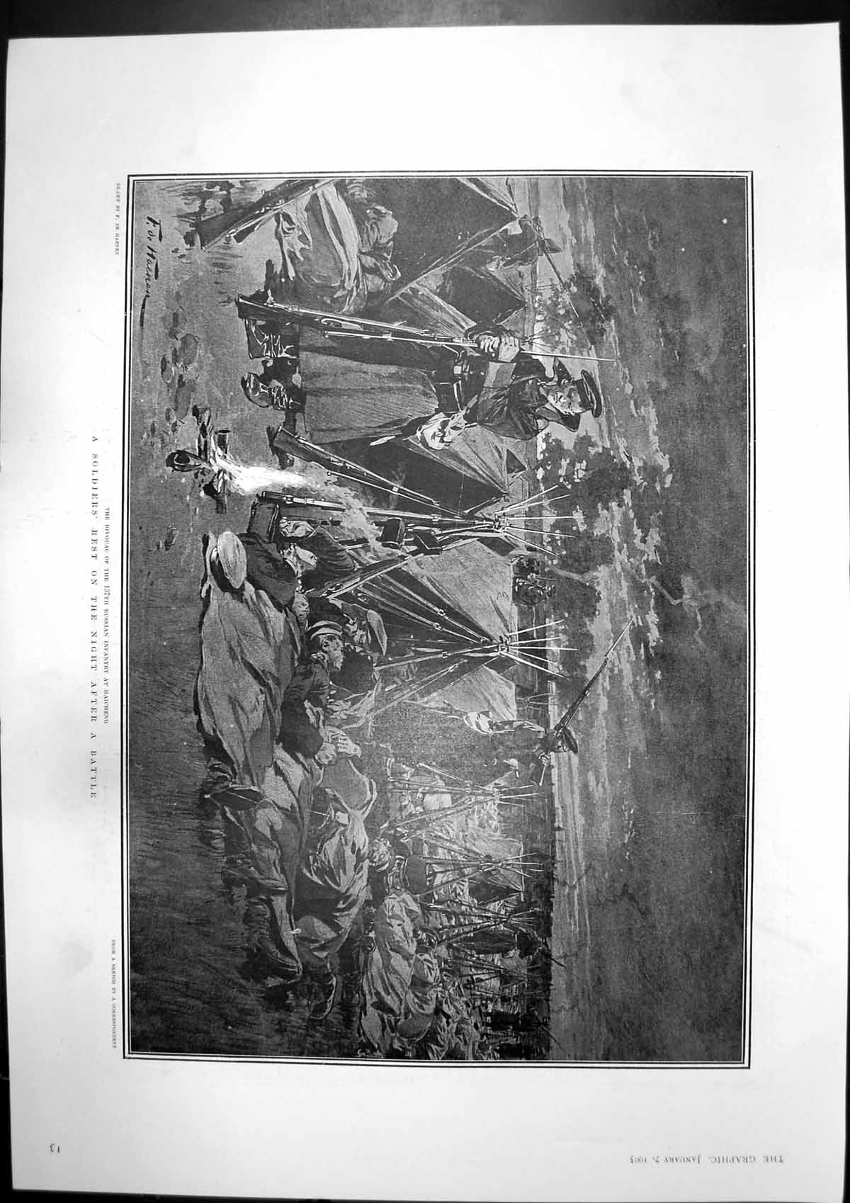 Antique Old Print Siers Rest After Battle Japanese Wounded Battle Shaho 1905