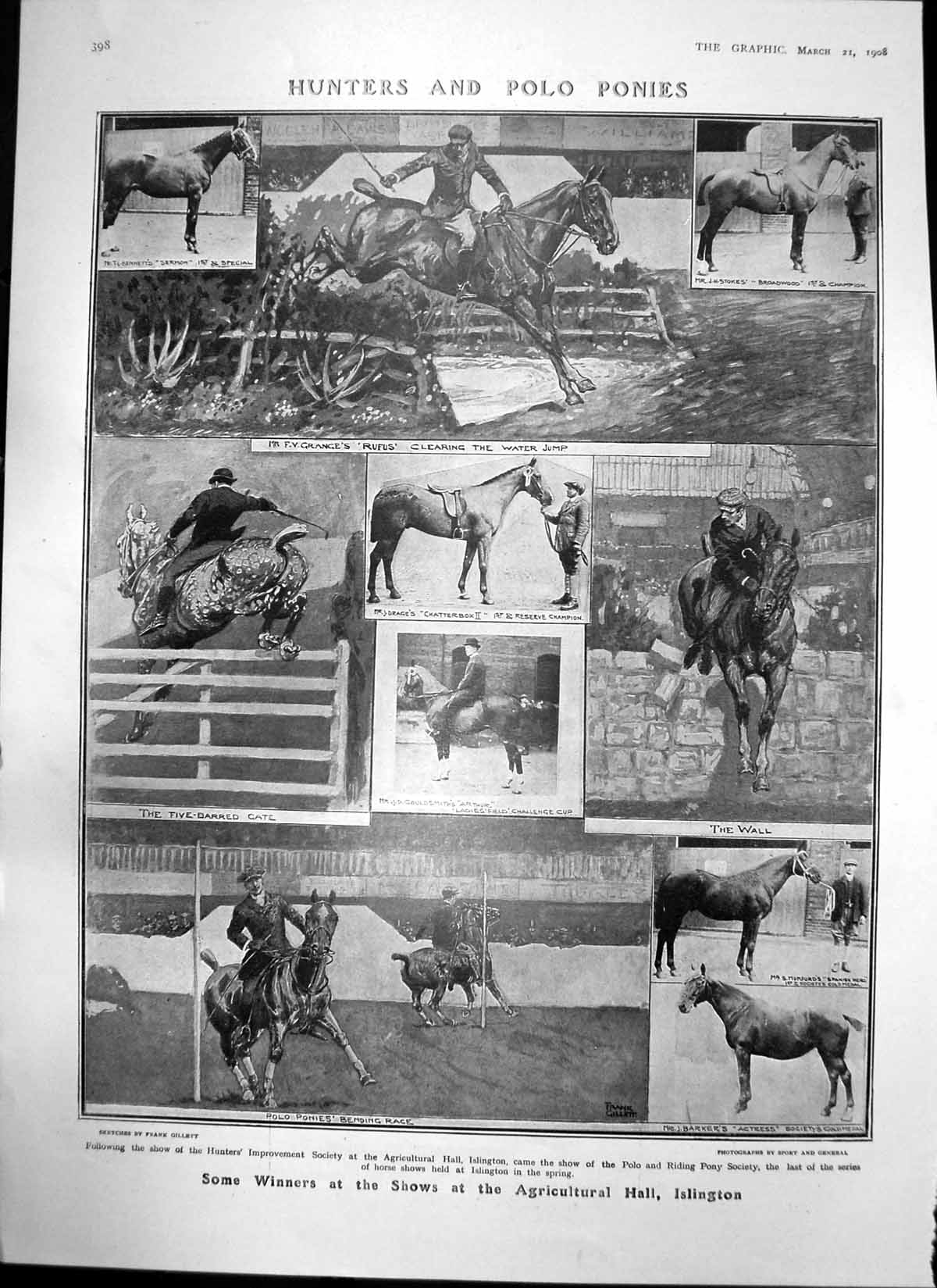Old Print Hunters Polo Ponies Show Islington Art Lee Hankey Roadside 1908 20th